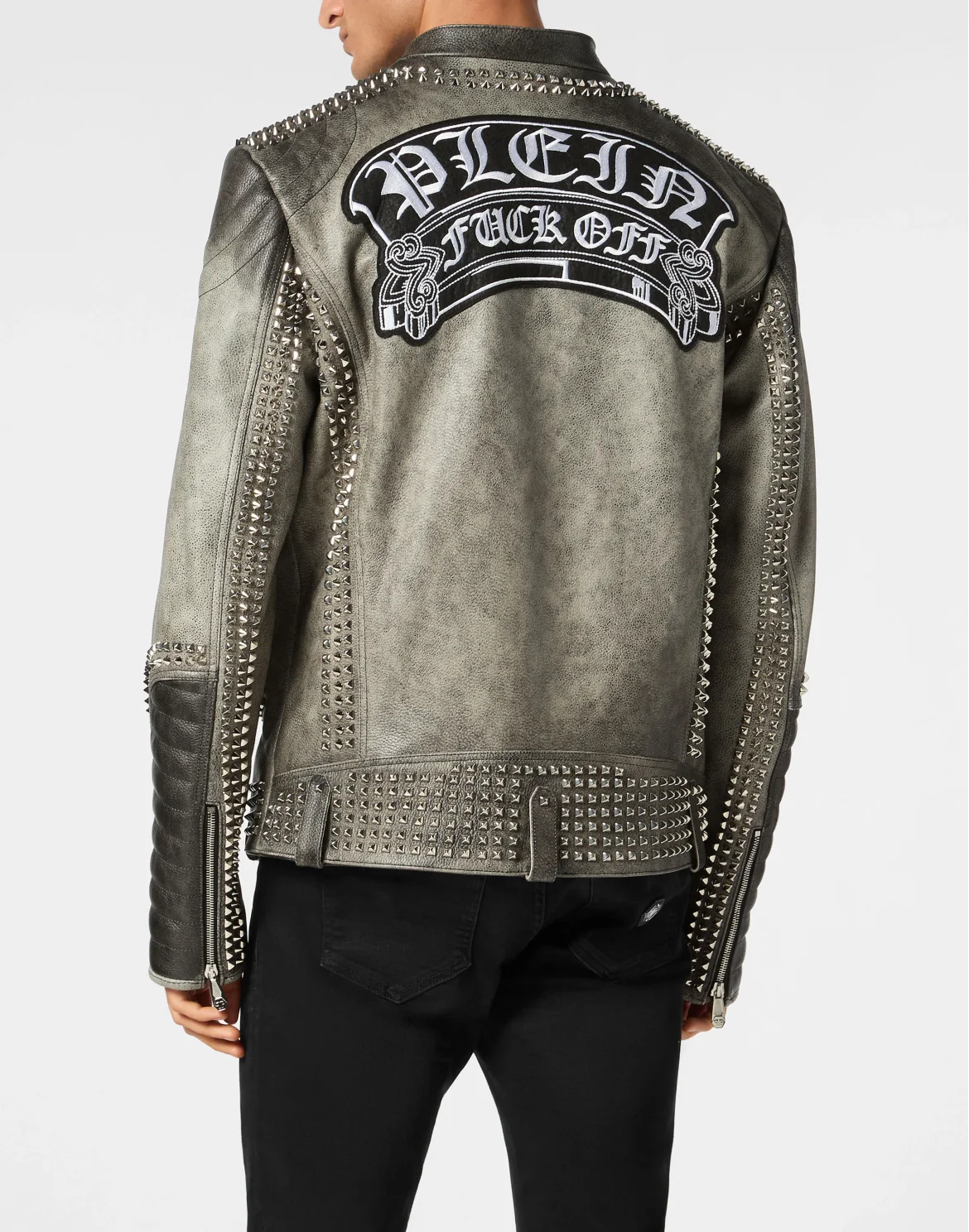 Leather Biker Jacket With Patch Studs, цвет: Черный