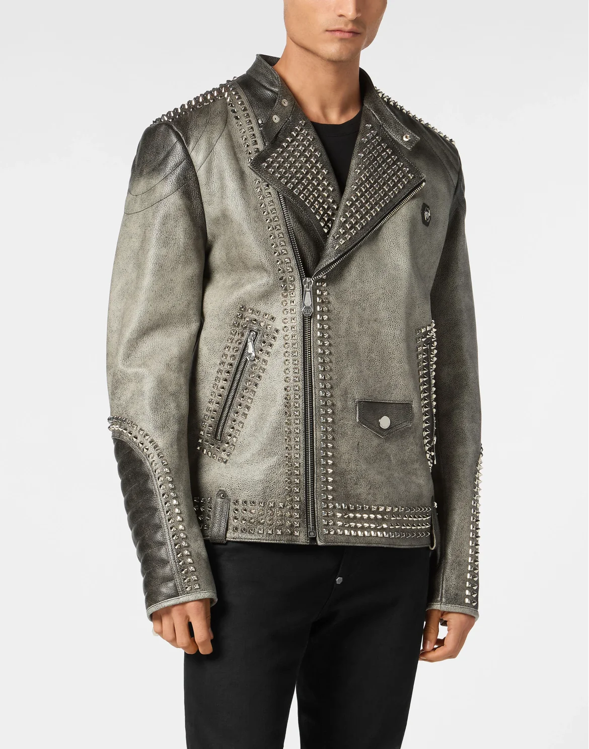 Leather Biker Jacket With Patch Studs, цвет: Черный