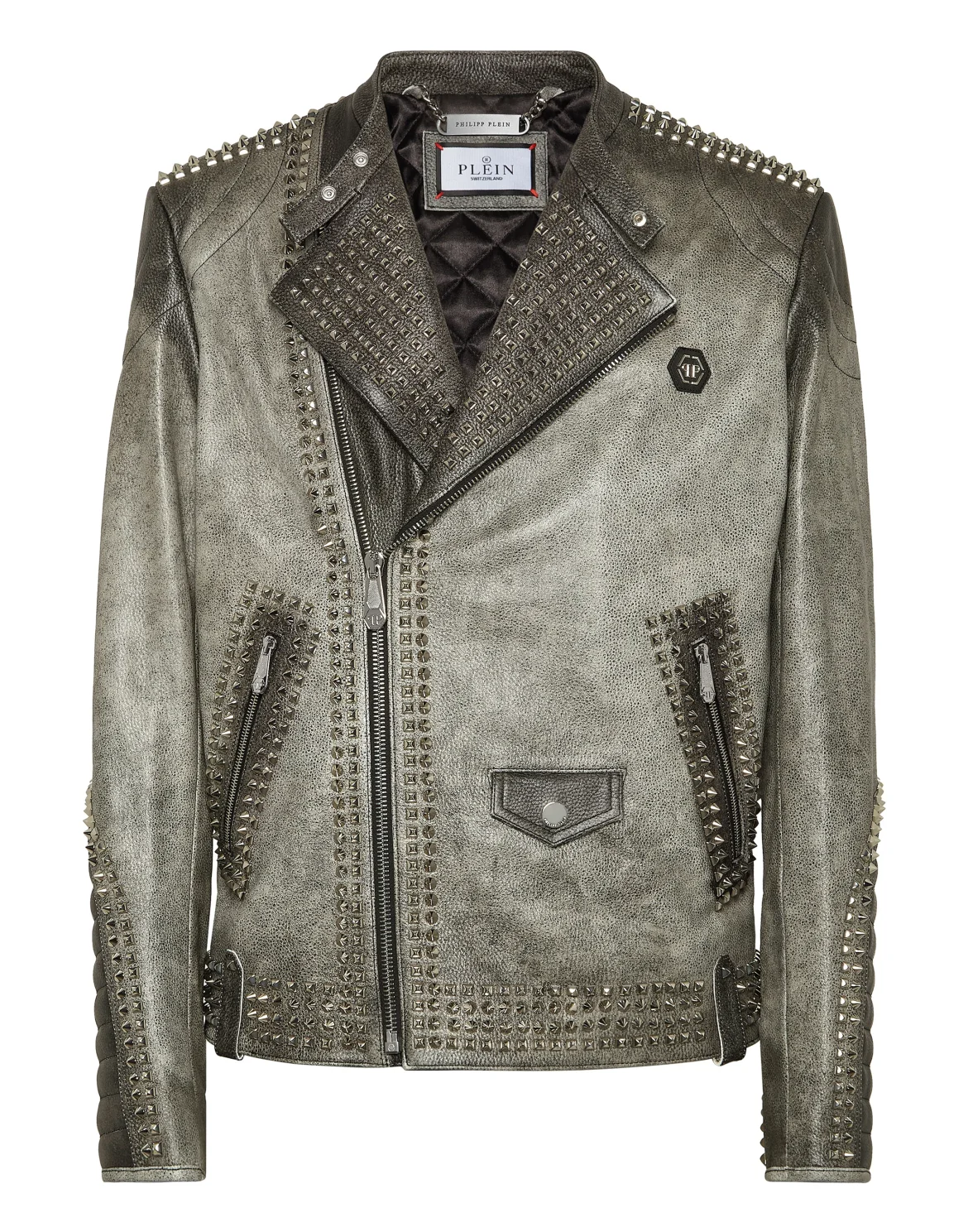 Leather Biker Jacket With Patch Studs, цвет: Черный