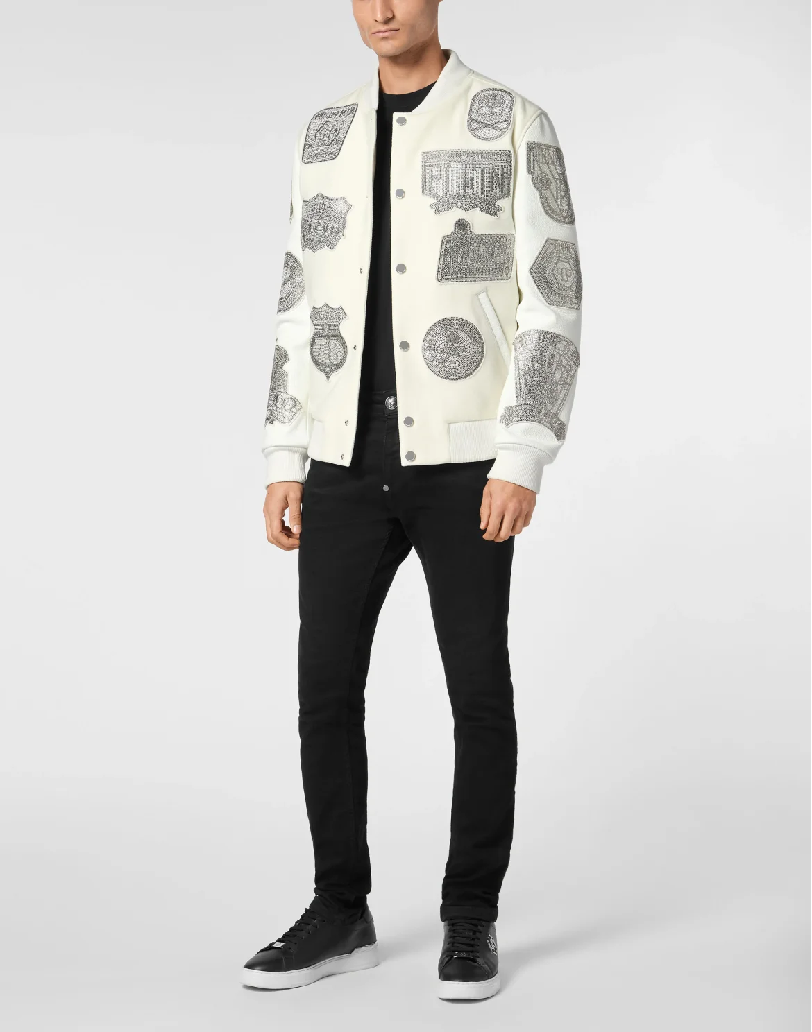Crystal College Bomber With Leather Sleeves Patches, цвет: Белый