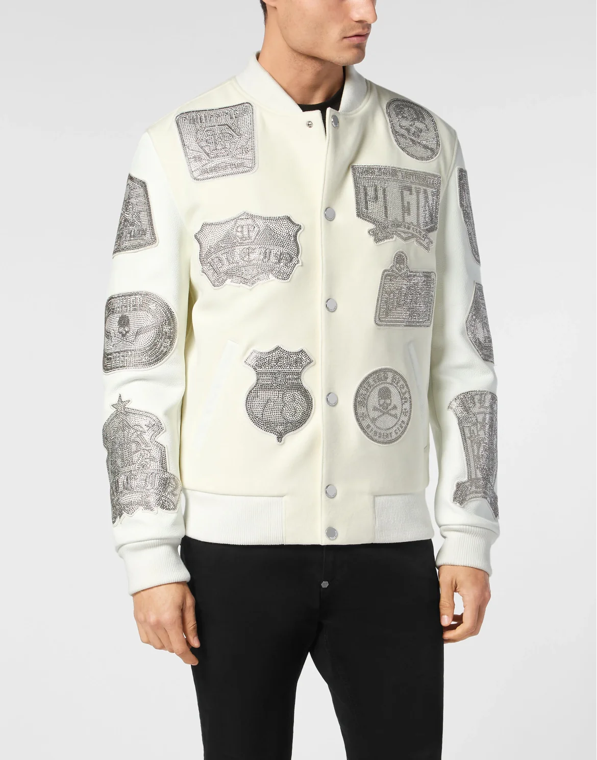Crystal College Bomber With Leather Sleeves Patches, цвет: Белый