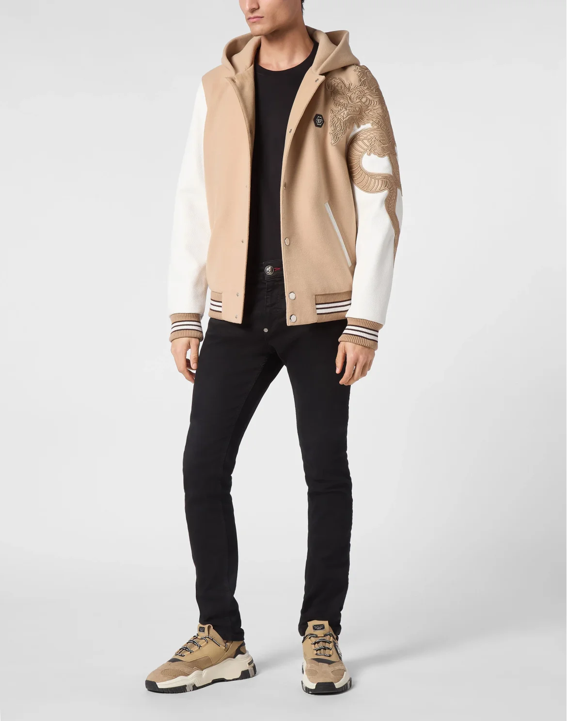 College Bomber With Leather Sleeves Monogram, цвет: Бежевый