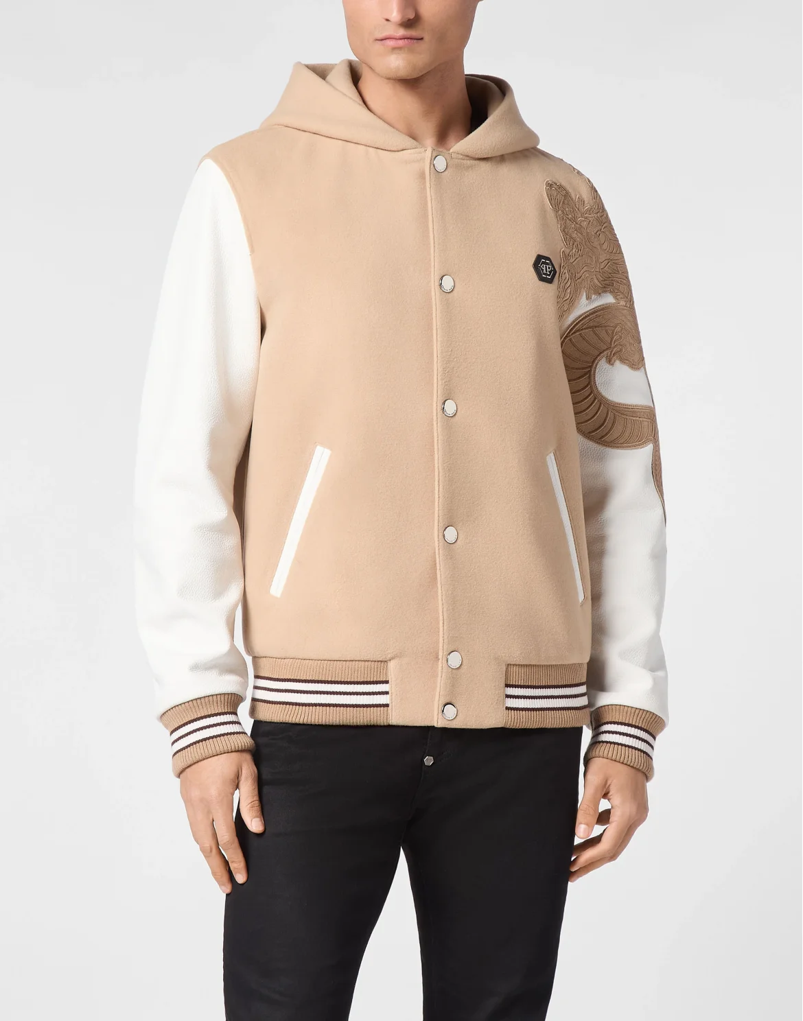 College Bomber With Leather Sleeves Monogram, цвет: Бежевый
