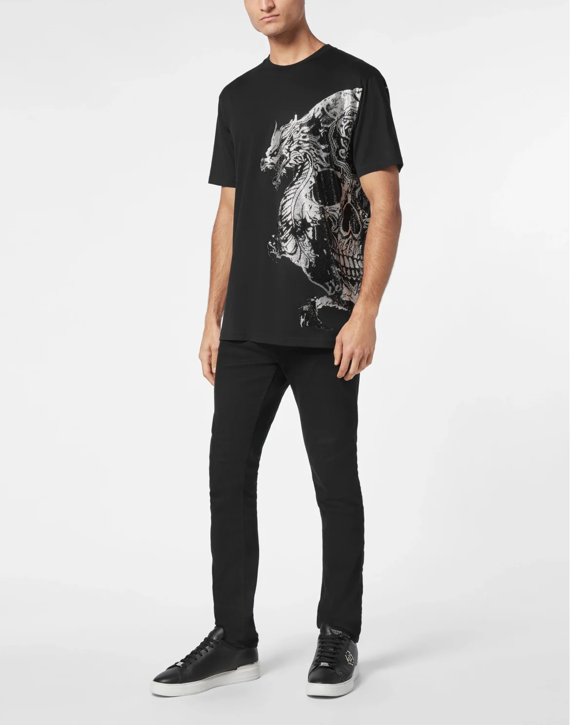 T-shirt Round Neck SS Dragon Skull strass, цвет: Черный