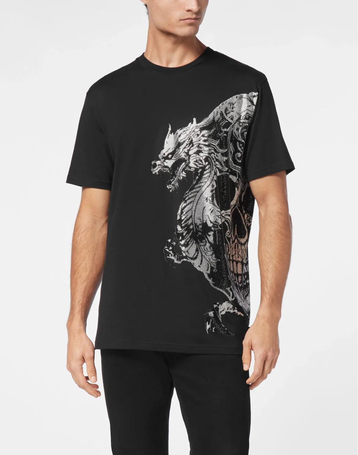 T-shirt Round Neck SS Dragon Skull strass, цвет: Черный