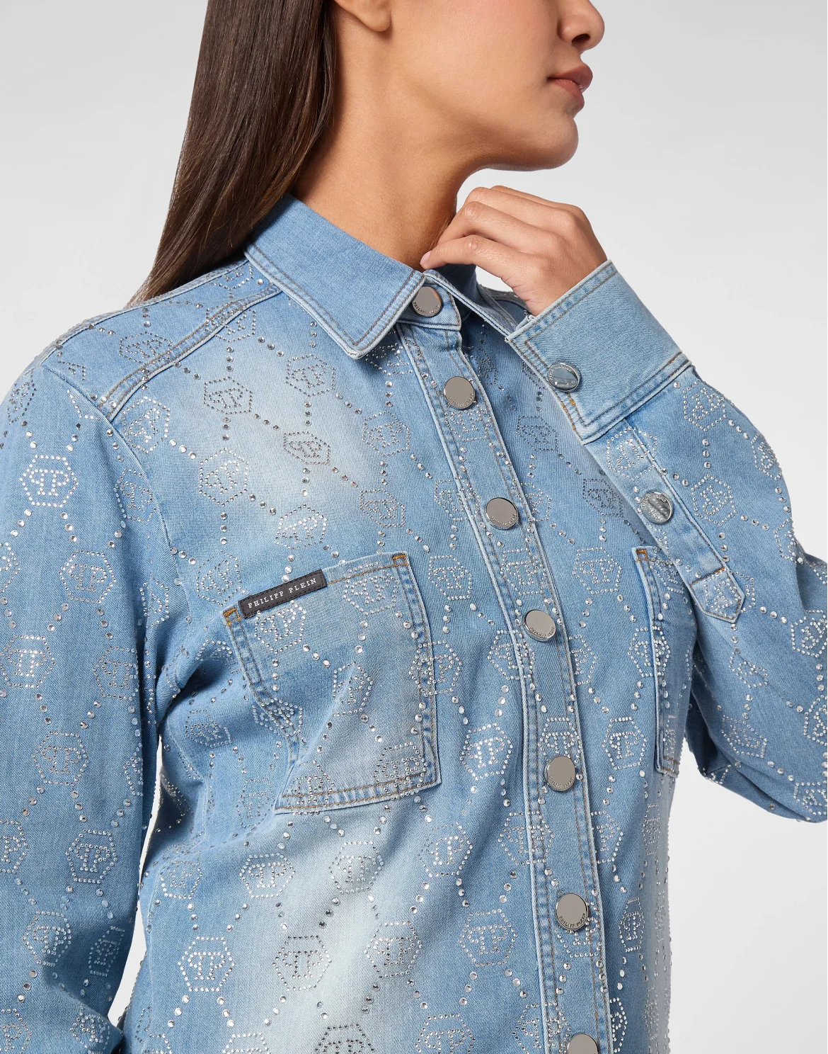Denim Shirt Long-Sleeve Strass Monogram, цвет: Голубой