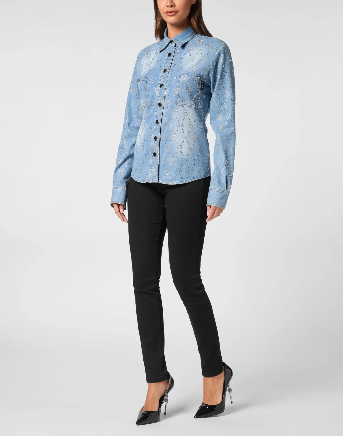 Denim Shirt Long-Sleeve Strass Monogram, цвет: Голубой