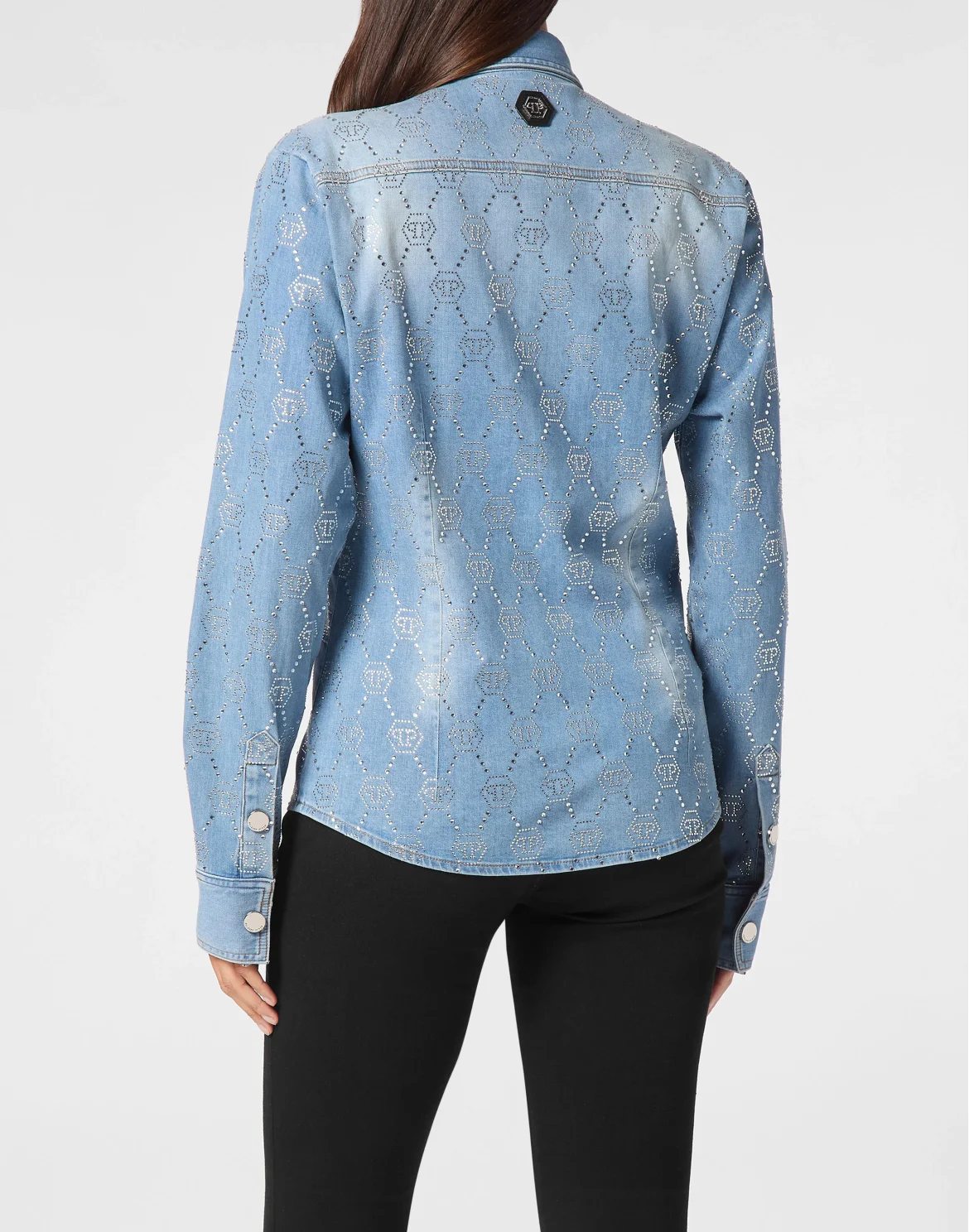 Denim Shirt Long-Sleeve Strass Monogram, цвет: Голубой