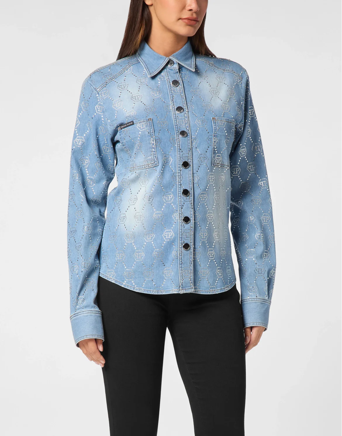 Denim Shirt Long-Sleeve Strass Monogram, цвет: Голубой