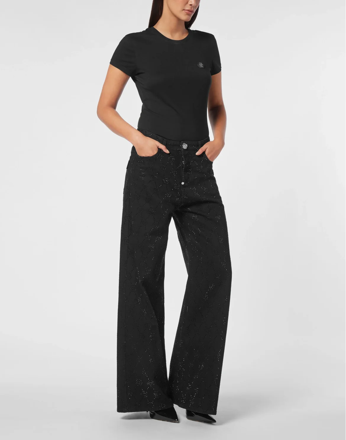 Denim Trousers Skater Fit Strass Monogram, цвет: Черный
