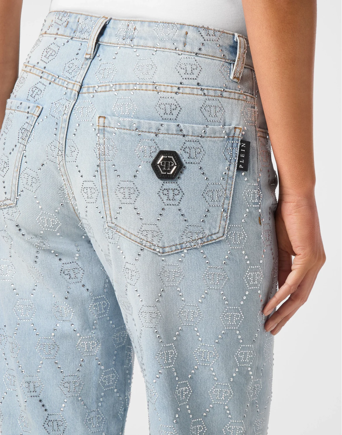 Denim Trousers Mom Fit Strass Monogram, цвет: Голубой