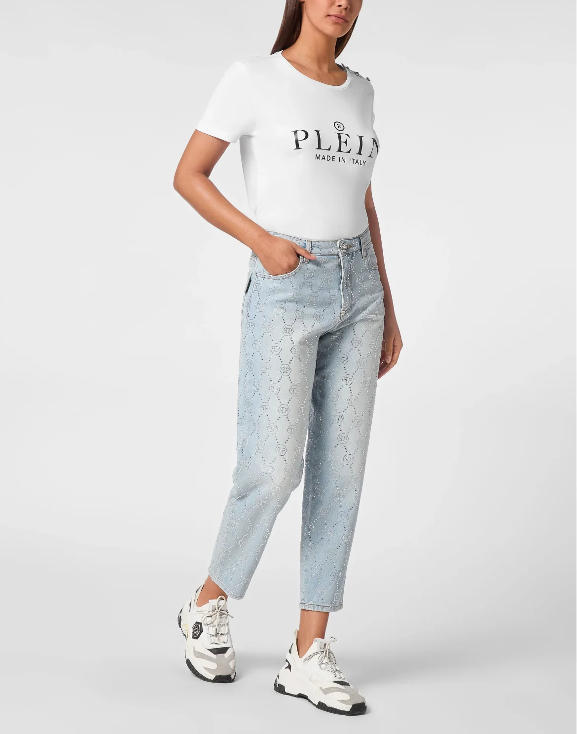 Denim Trousers Mom Fit Strass Monogram, цвет: Голубой