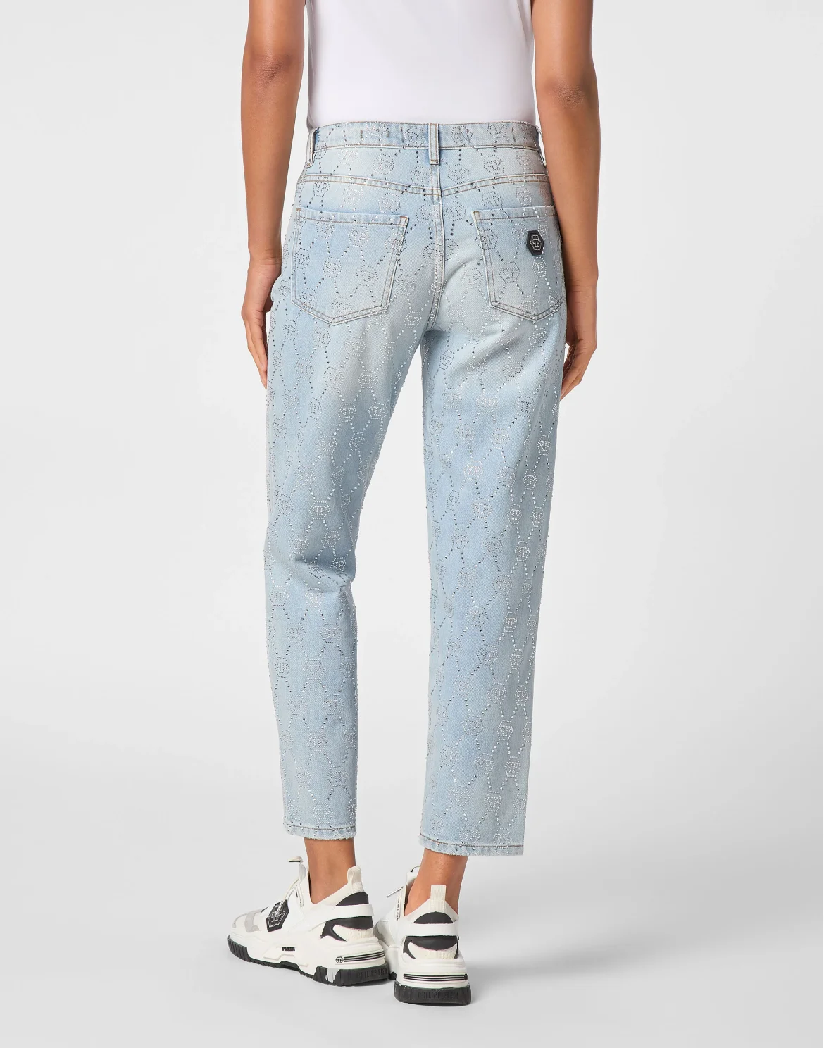 Denim Trousers Mom Fit Strass Monogram, цвет: Голубой