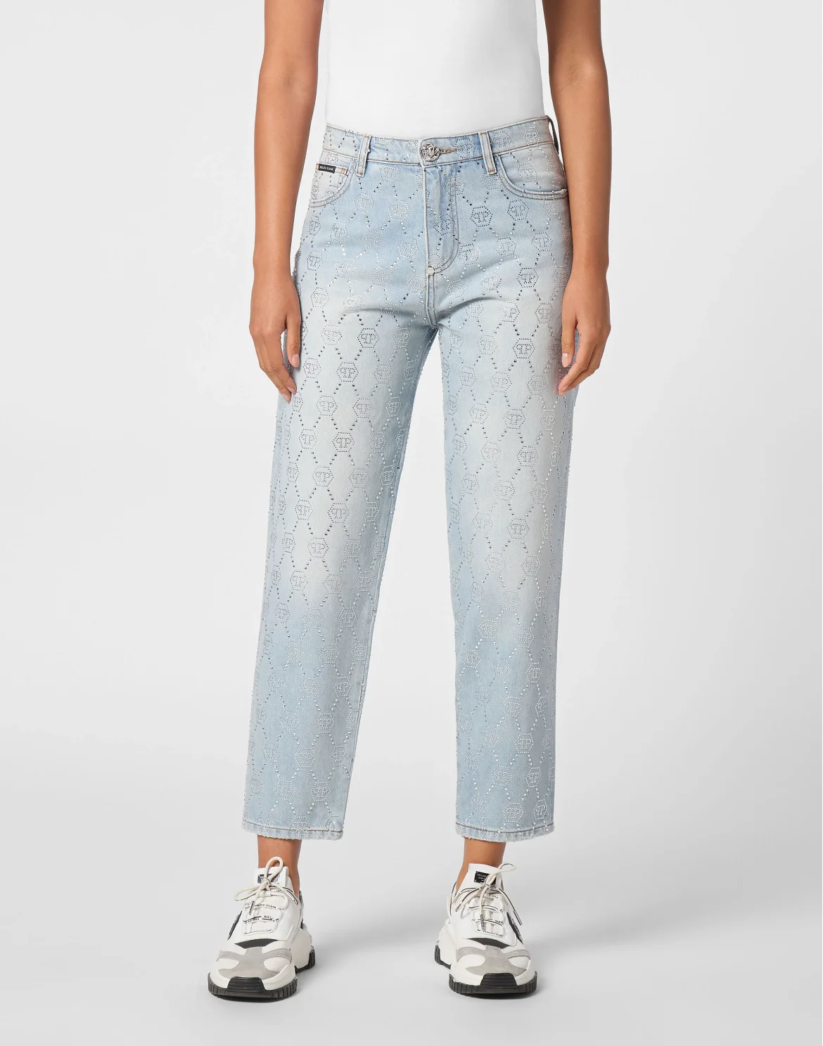 Denim Trousers Mom Fit Strass Monogram, цвет: Голубой
