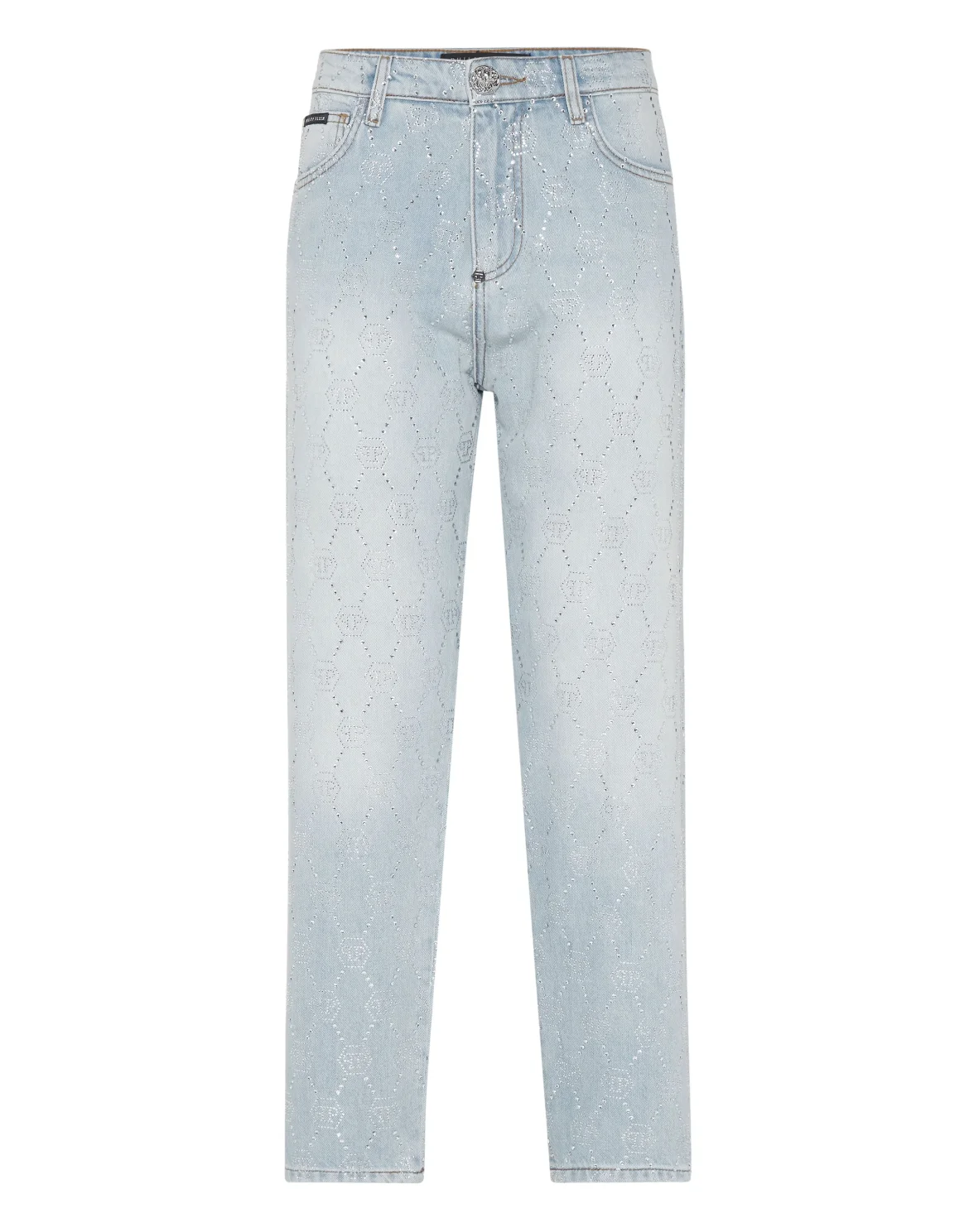 Denim Trousers Mom Fit Strass Monogram, цвет: Голубой