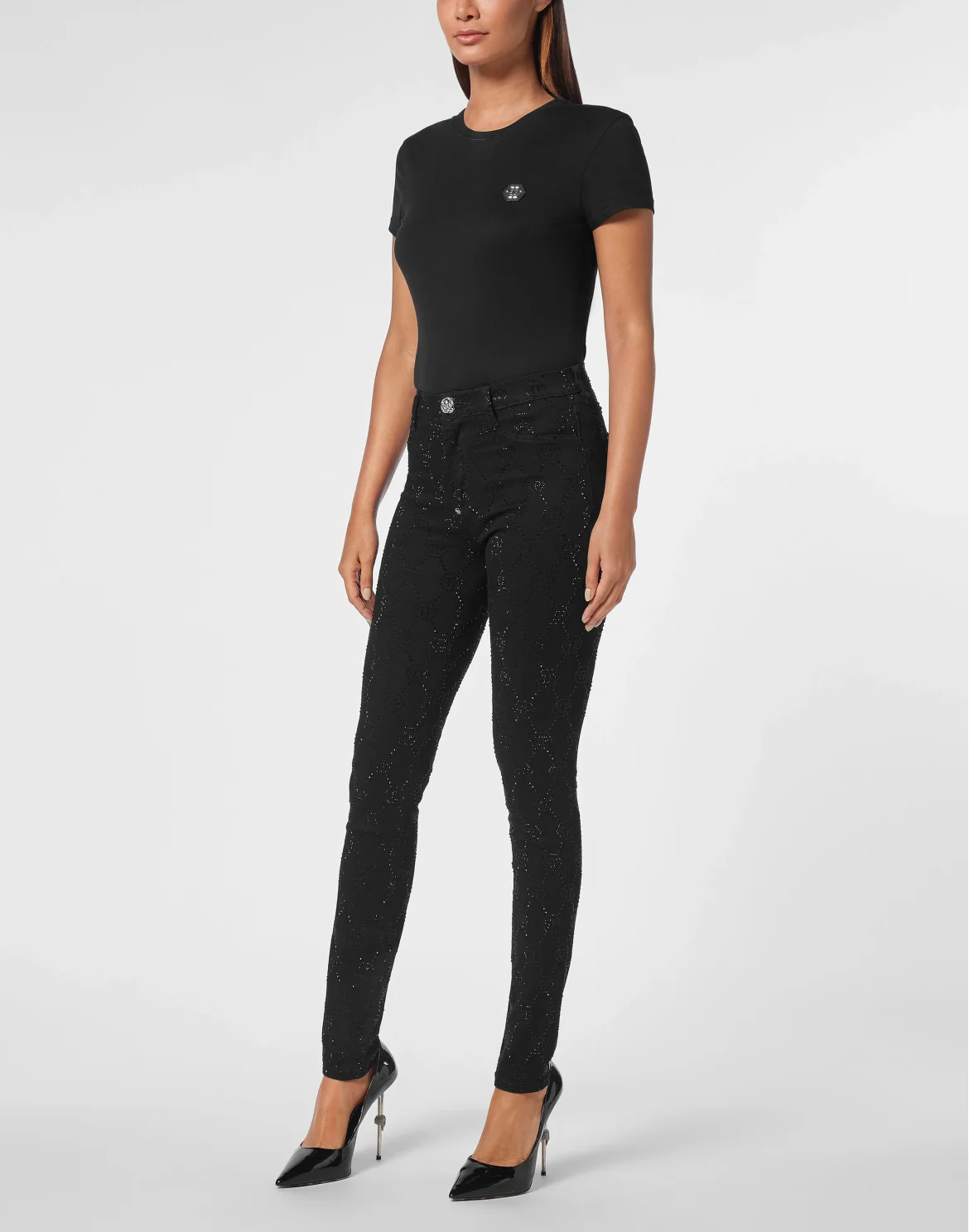 Denim Trousers High Waist Jegging Strass Monogram, цвет: Черный