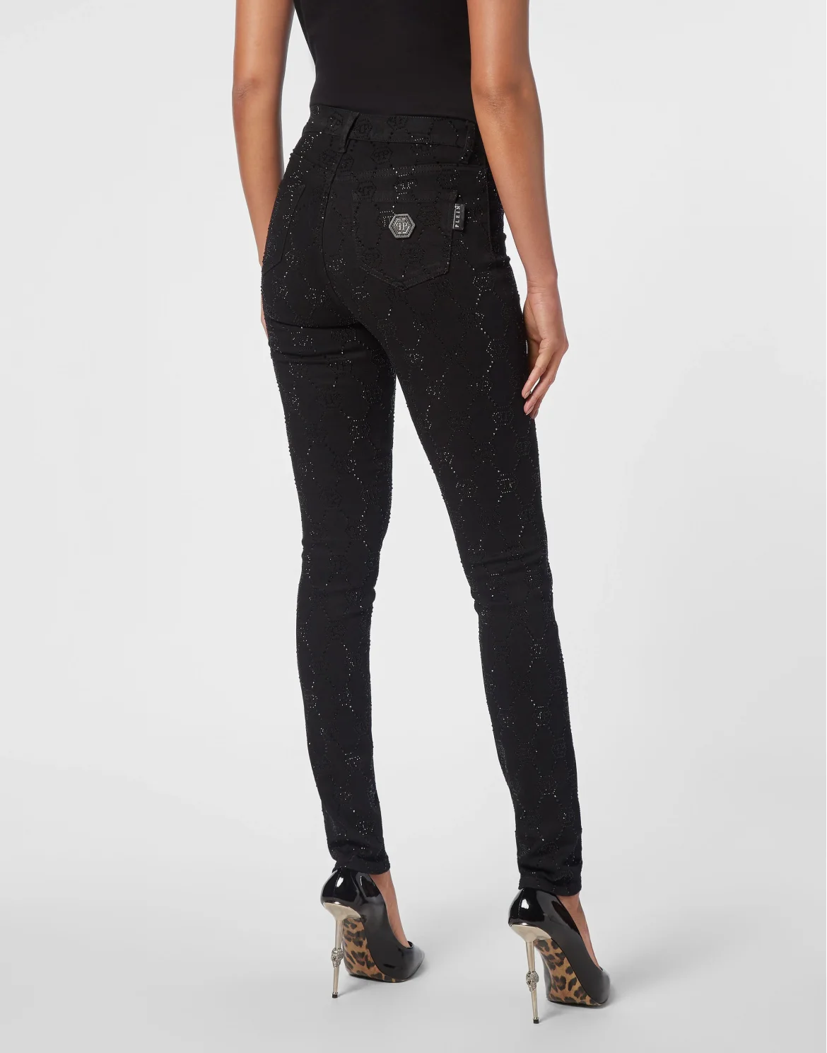 Denim Trousers High Waist Jegging Strass Monogram, цвет: Черный