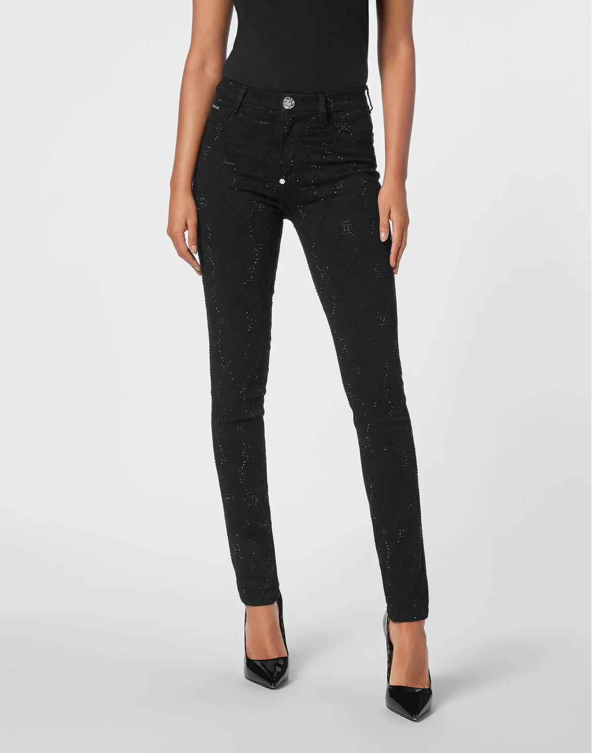 Denim Trousers High Waist Jegging Strass Monogram, цвет: Черный