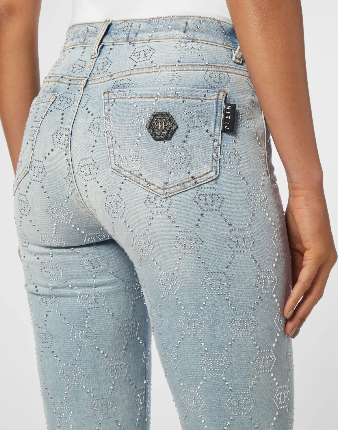 Denim Trousers High Waist Jegging Strass Monogram, цвет: Голубой