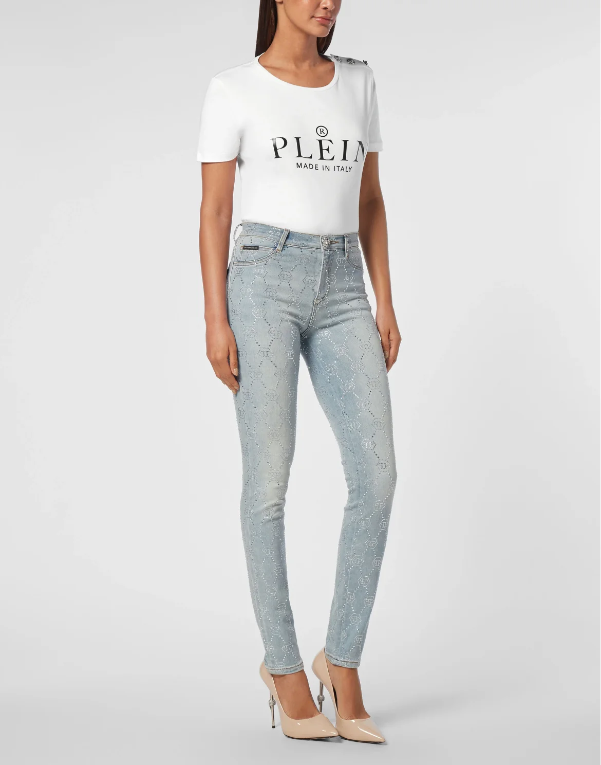 Denim Trousers High Waist Jegging Strass Monogram, цвет: Голубой
