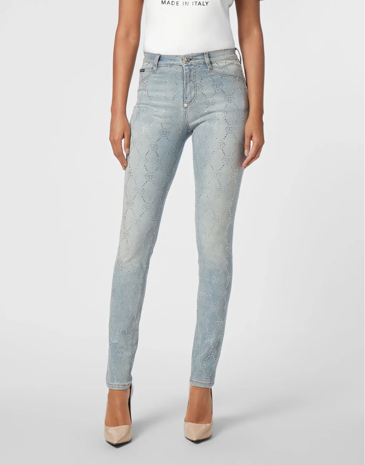 Denim Trousers High Waist Jegging Strass Monogram, цвет: Голубой