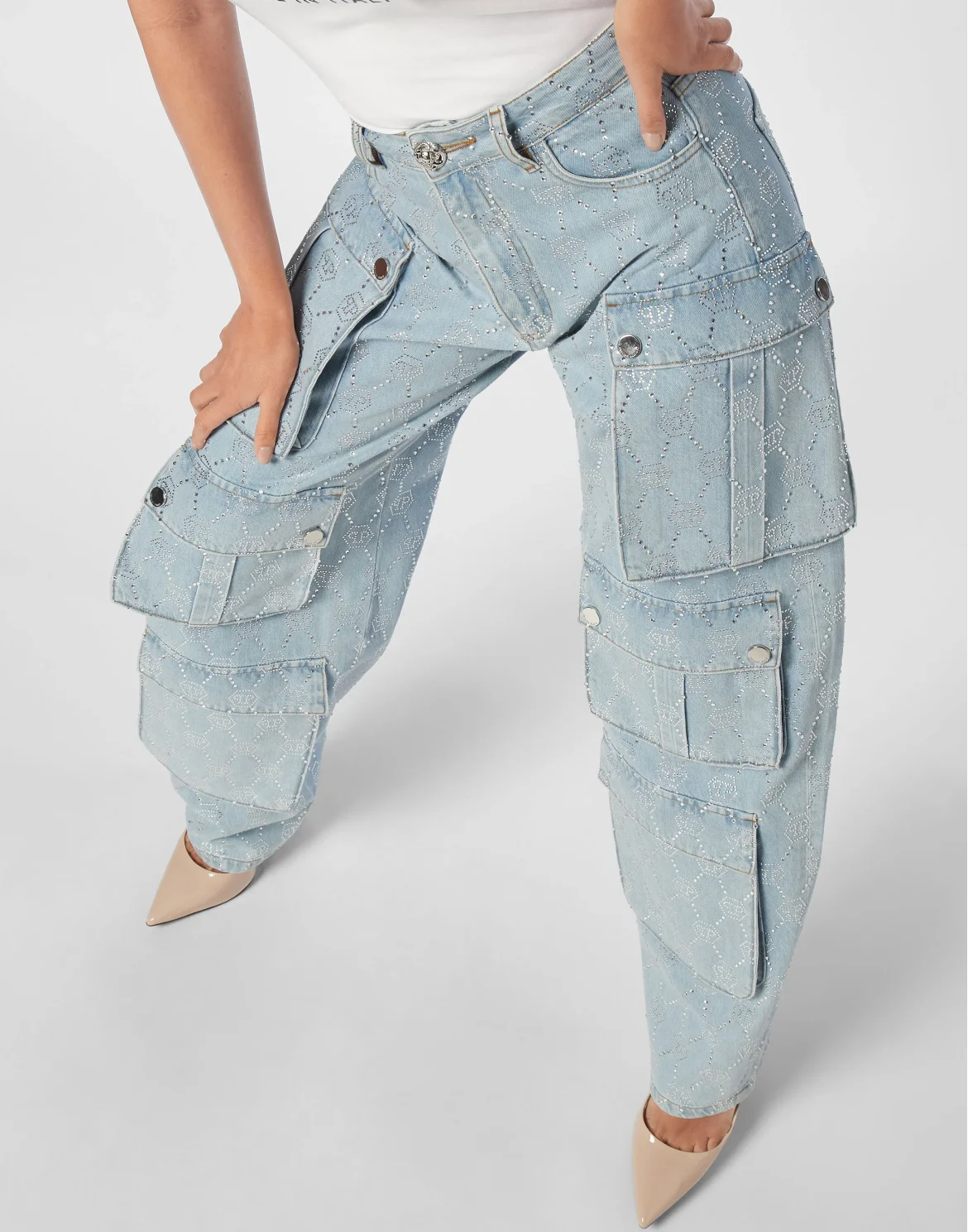 Denim Cargo Trousers Strass Monogram, цвет: Голубой