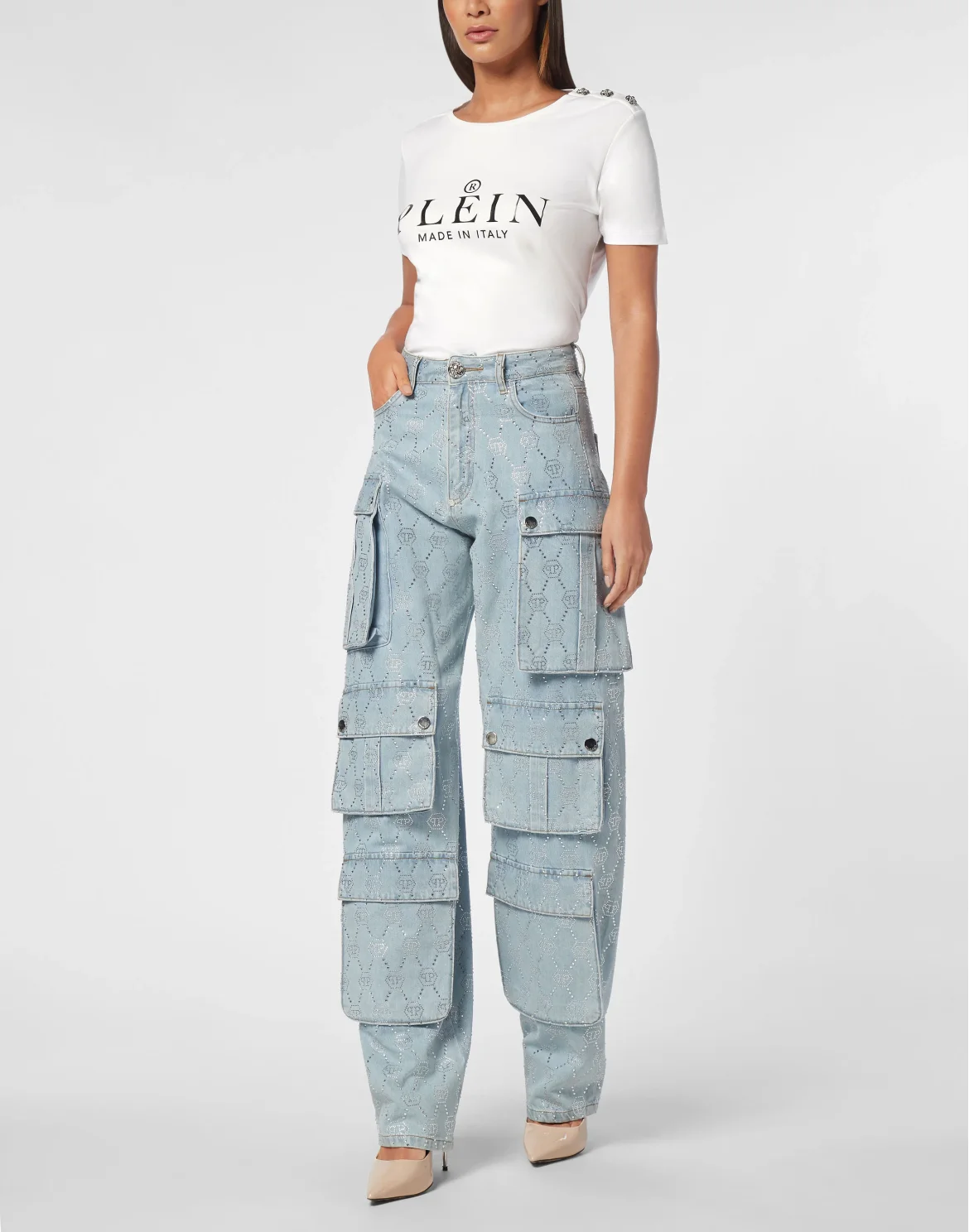 Denim Cargo Trousers Strass Monogram, цвет: Голубой