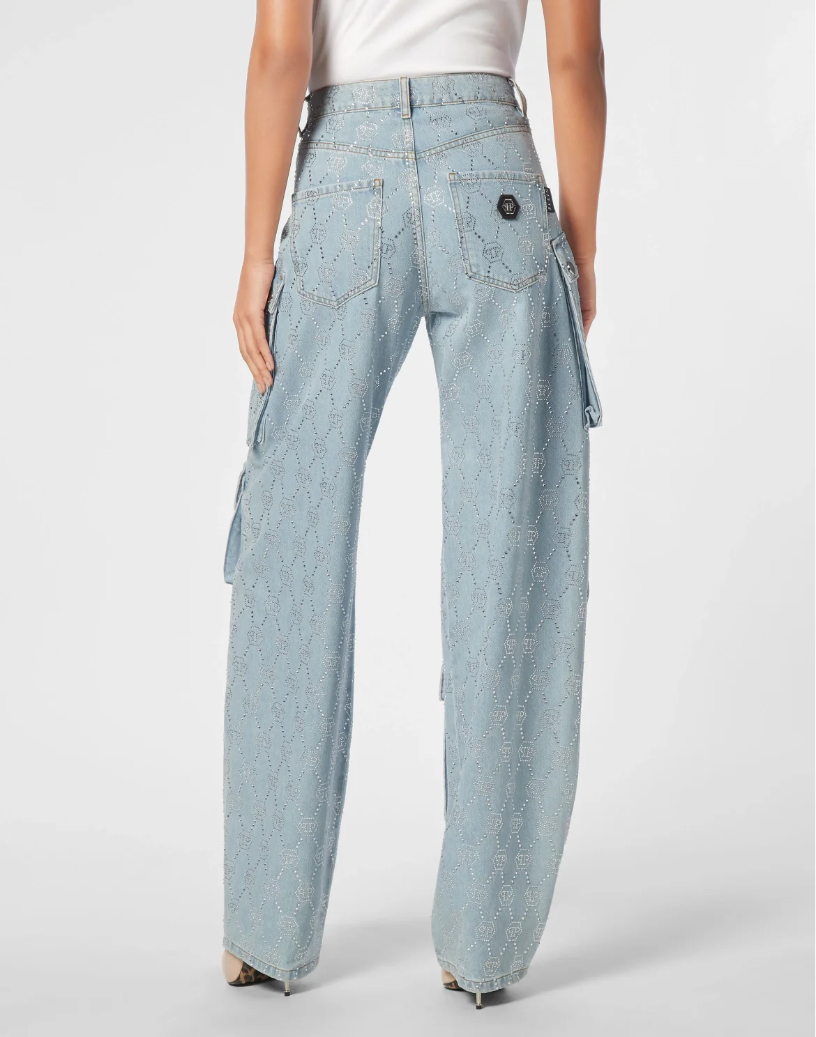 Denim Cargo Trousers Strass Monogram, цвет: Голубой