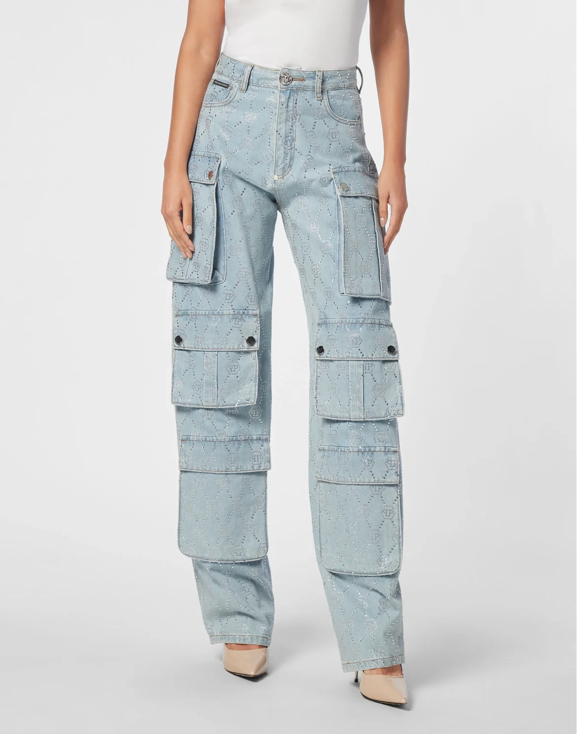 Denim Cargo Trousers Strass Monogram, цвет: Голубой
