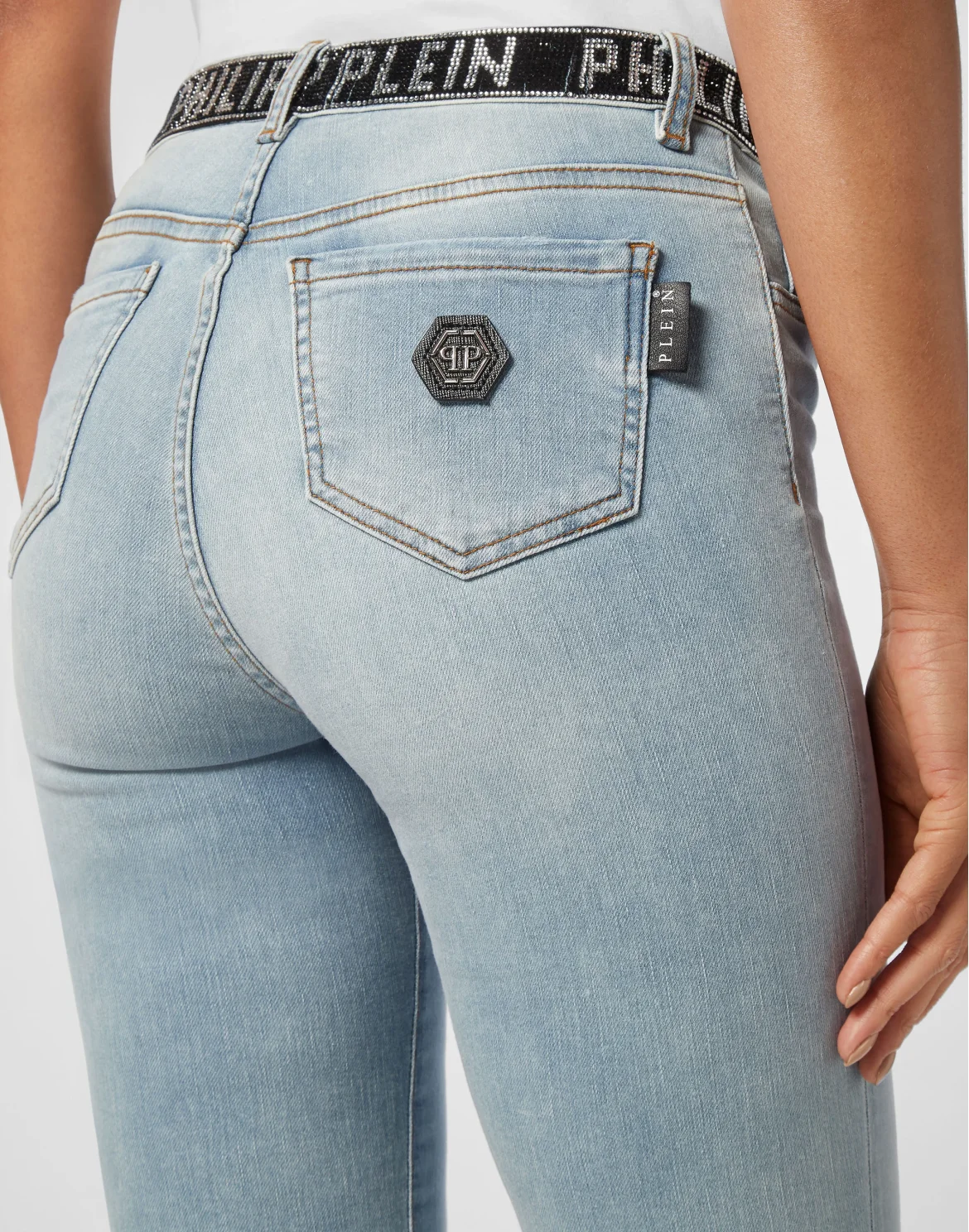 Denim Strass Band High Waist Jegging Trousers, цвет: Голубой