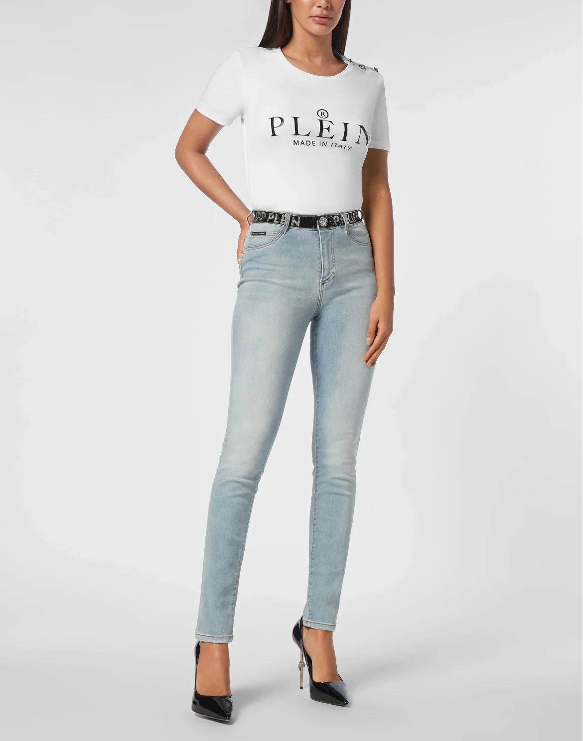 Denim Strass Band High Waist Jegging Trousers, цвет: Голубой