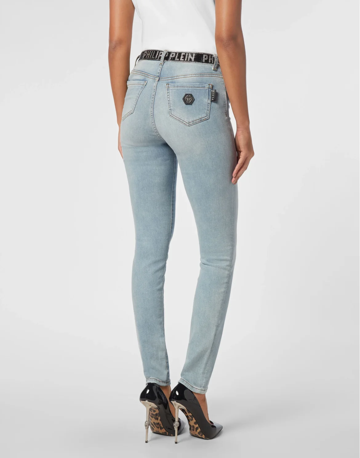 Denim Strass Band High Waist Jegging Trousers, цвет: Голубой