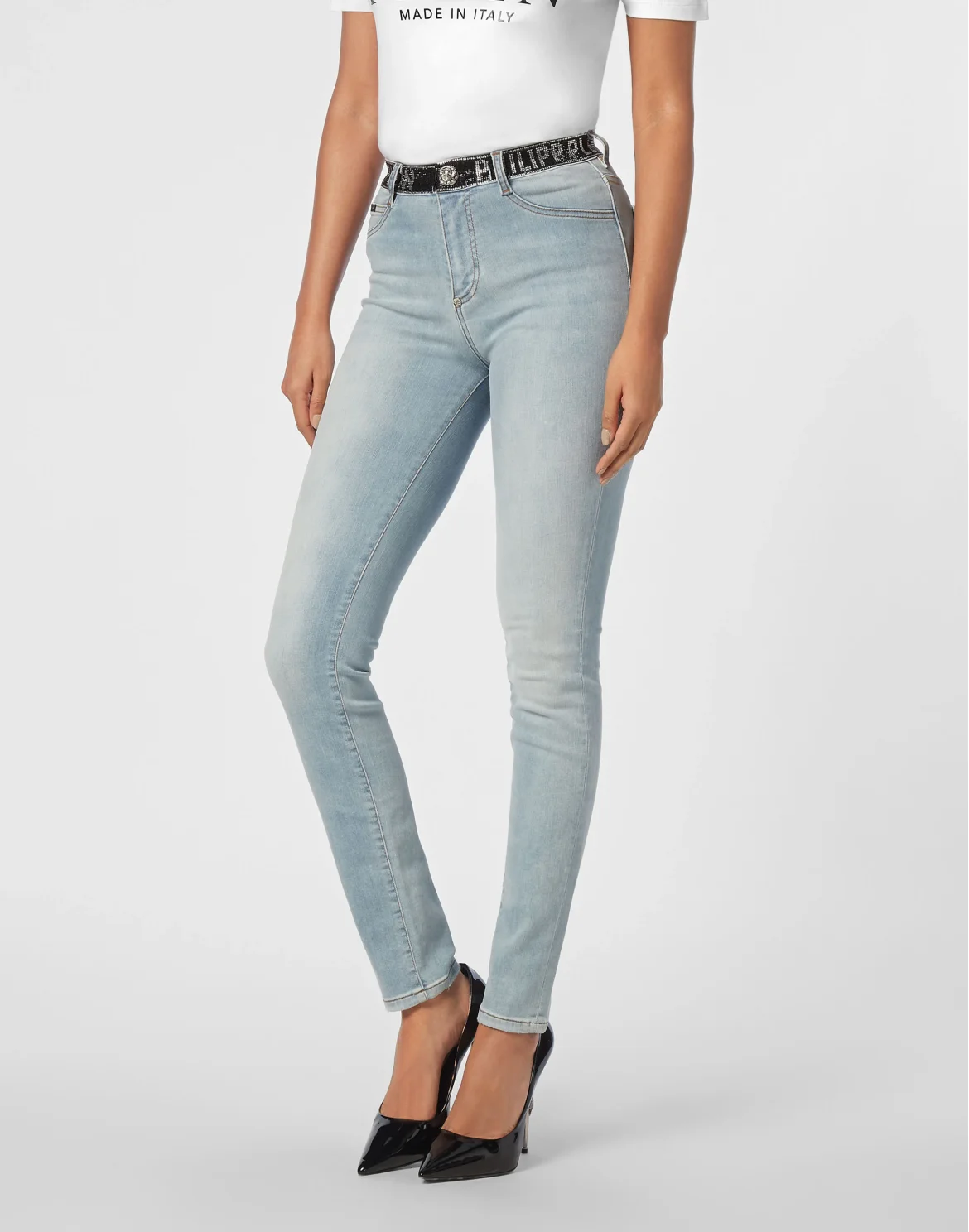 Denim Strass Band High Waist Jegging Trousers, цвет: Голубой