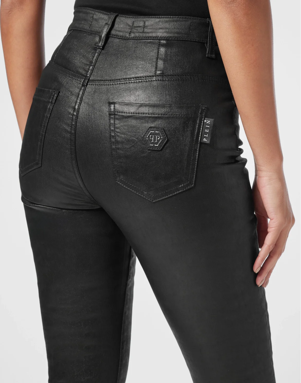 Coated Denim Super High Waist Jeggings, цвет: Черный