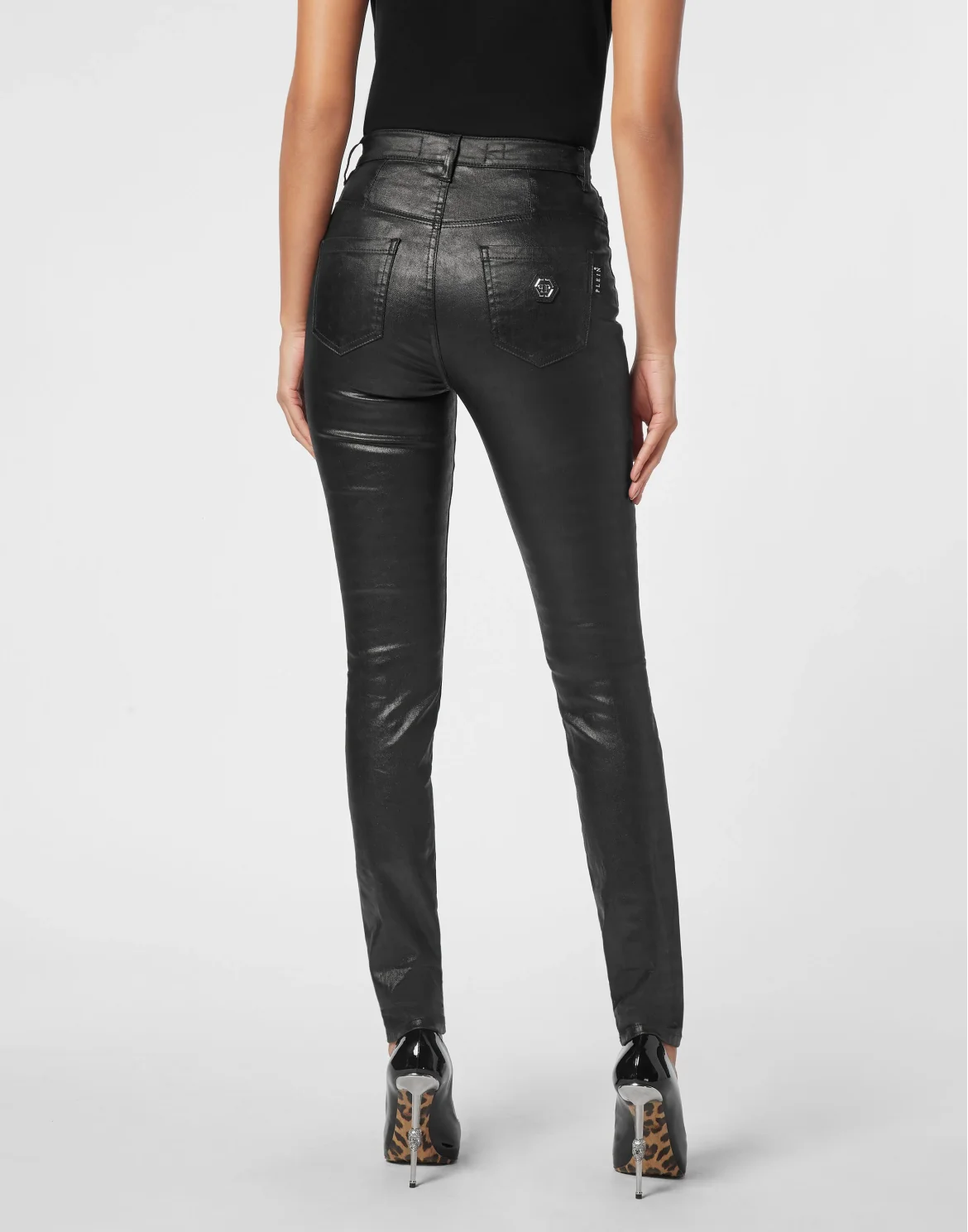 Coated Denim Super High Waist Jeggings, цвет: Черный