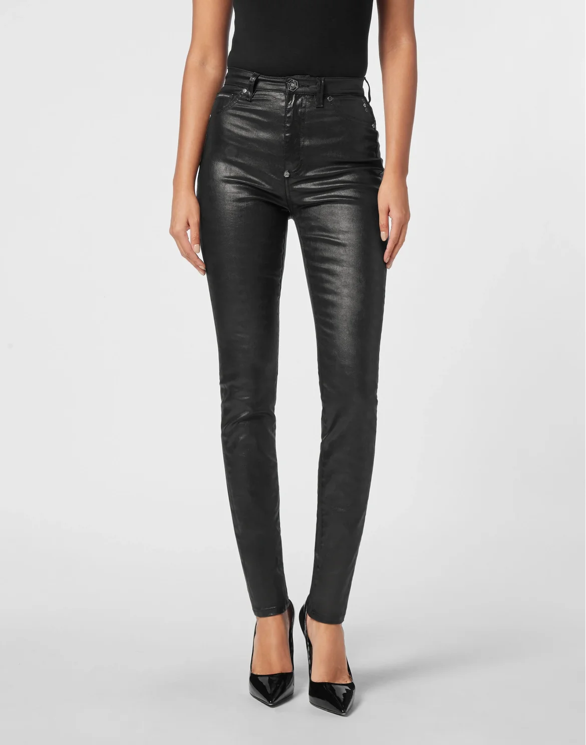 Coated Denim Super High Waist Jeggings, цвет: Черный