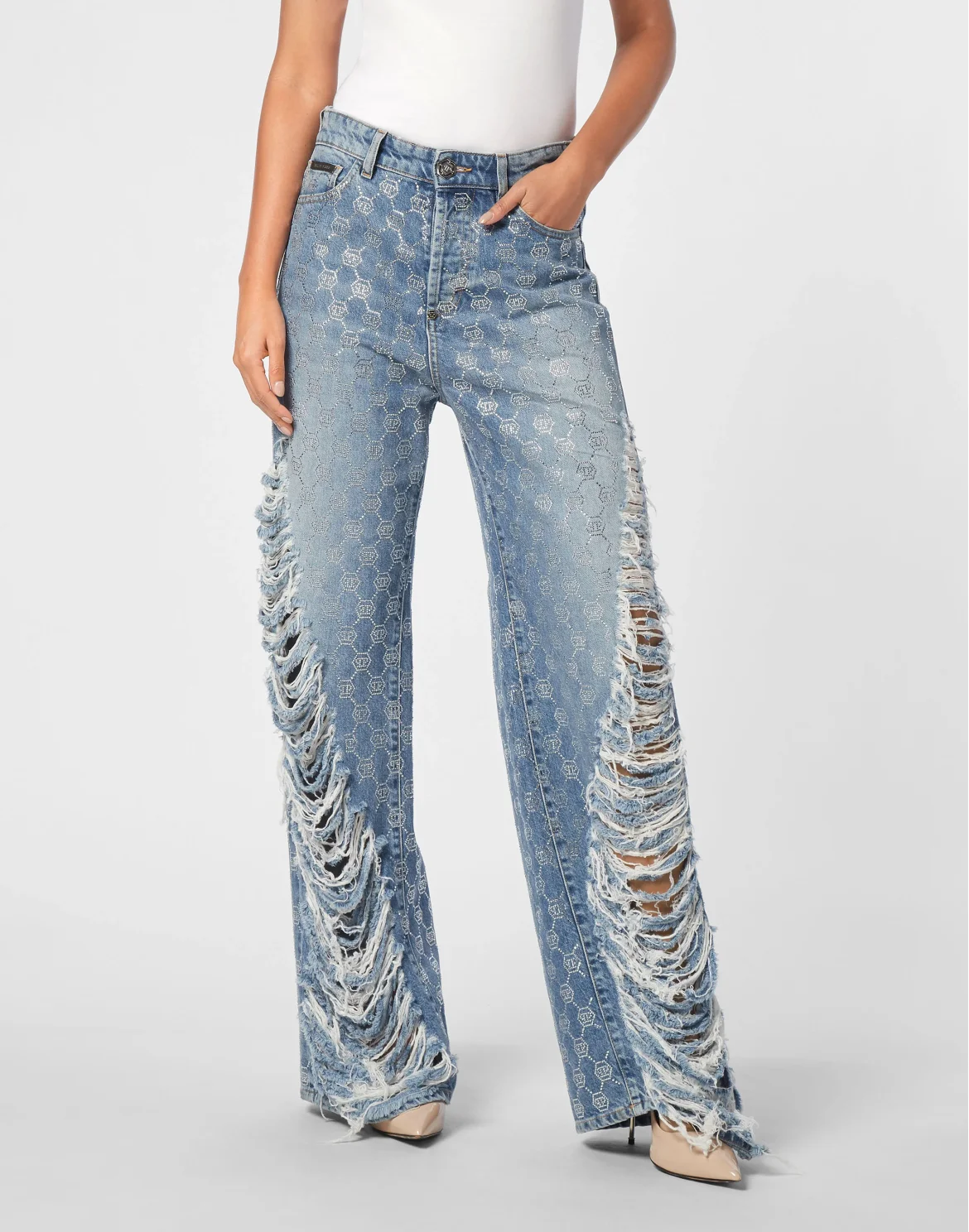 Denim Skater Fit Trousers Strass Monogram, цвет: Синий