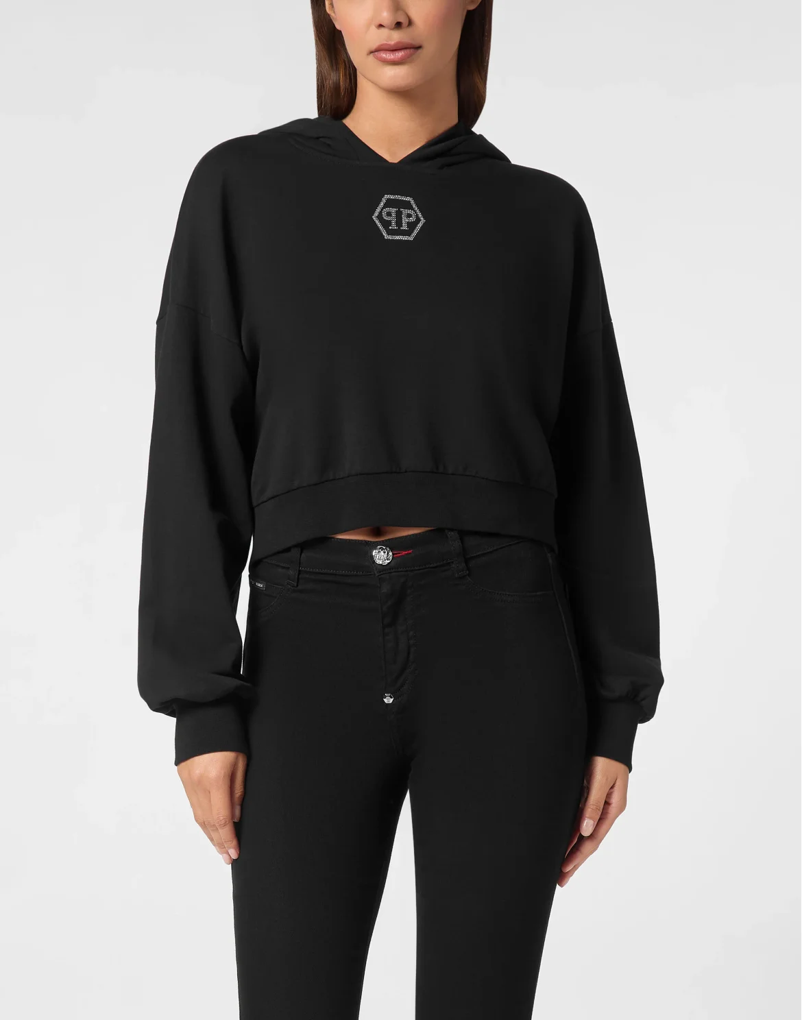 Cropped Hoodie Sweatshirt Crystal Hexagon, цвет: Черный