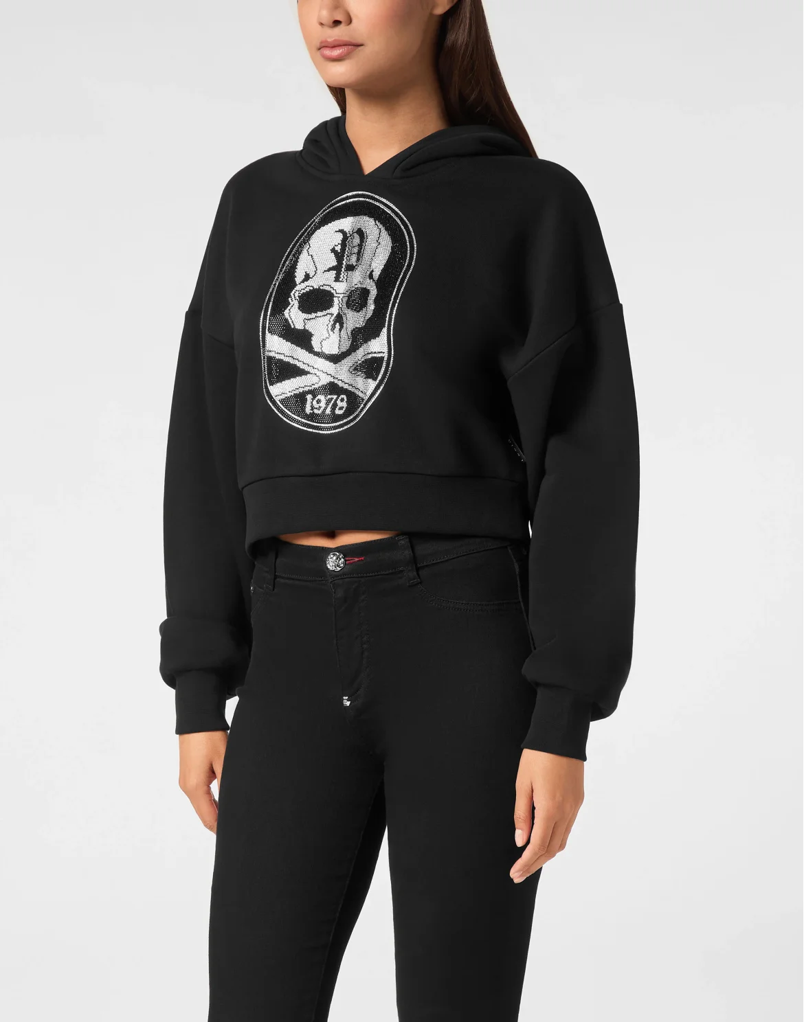 Cropped Hoodie Sweatshirt Strass Skull&Bones, цвет: Черный