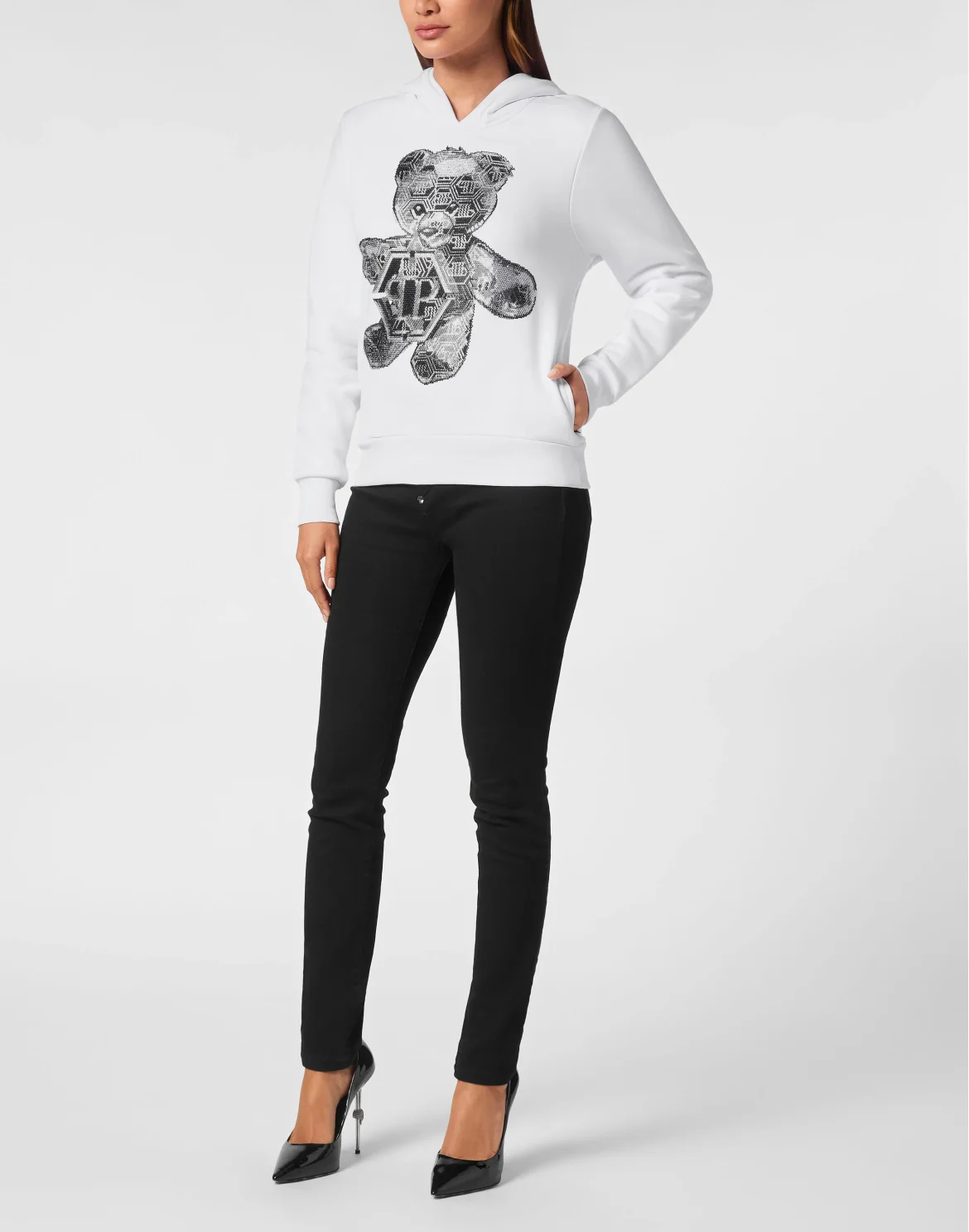 Oversize Hoodie Sweatshirt Strass Teddy Bear, цвет: Белый