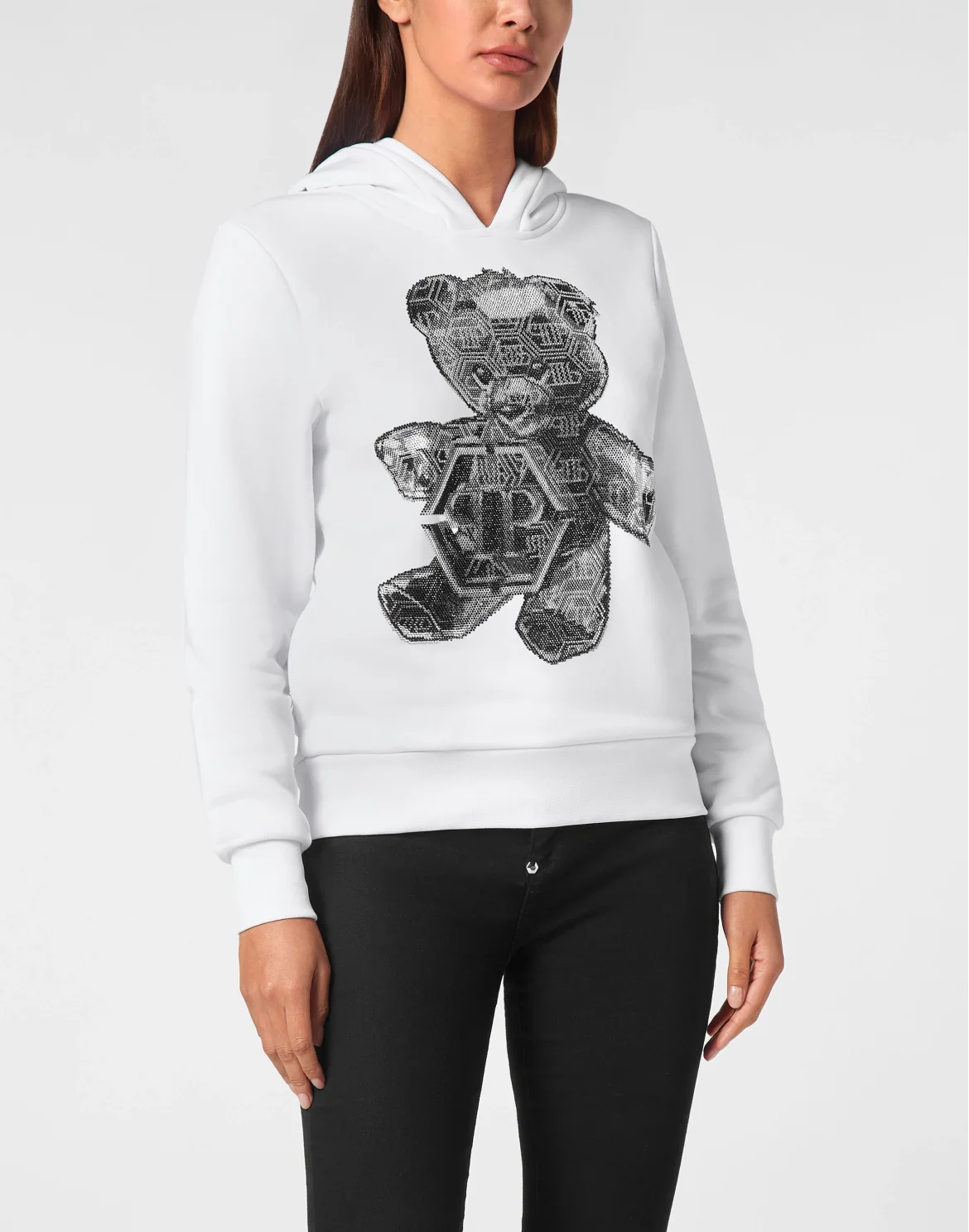 Oversize Hoodie Sweatshirt Strass Teddy Bear, цвет: Белый