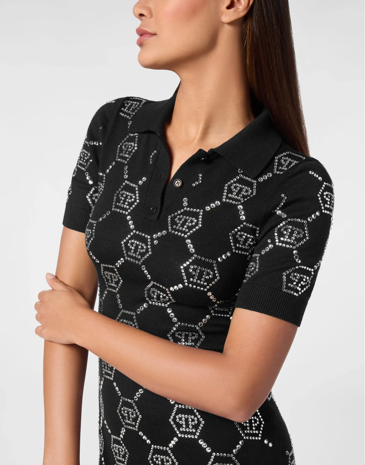 Knitted Strass Polo Dress With Padded Shoulders Monogram, цвет: Черный