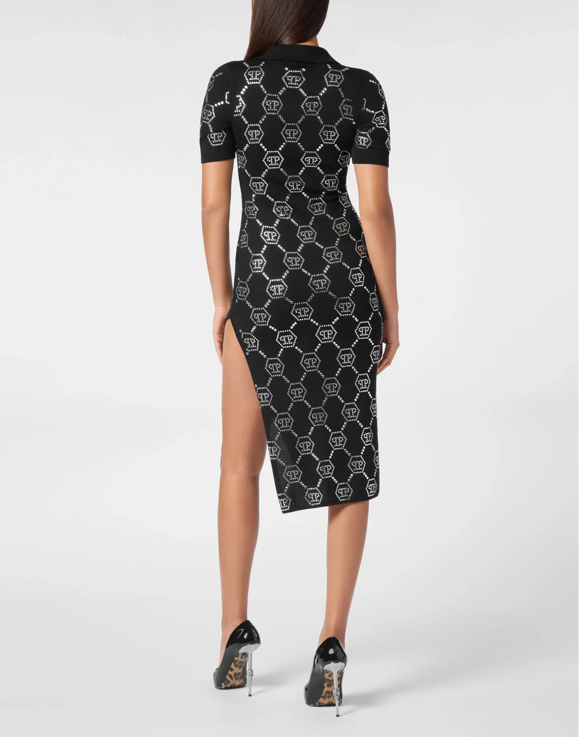Knitted Strass Polo Dress With Padded Shoulders Monogram, цвет: Черный