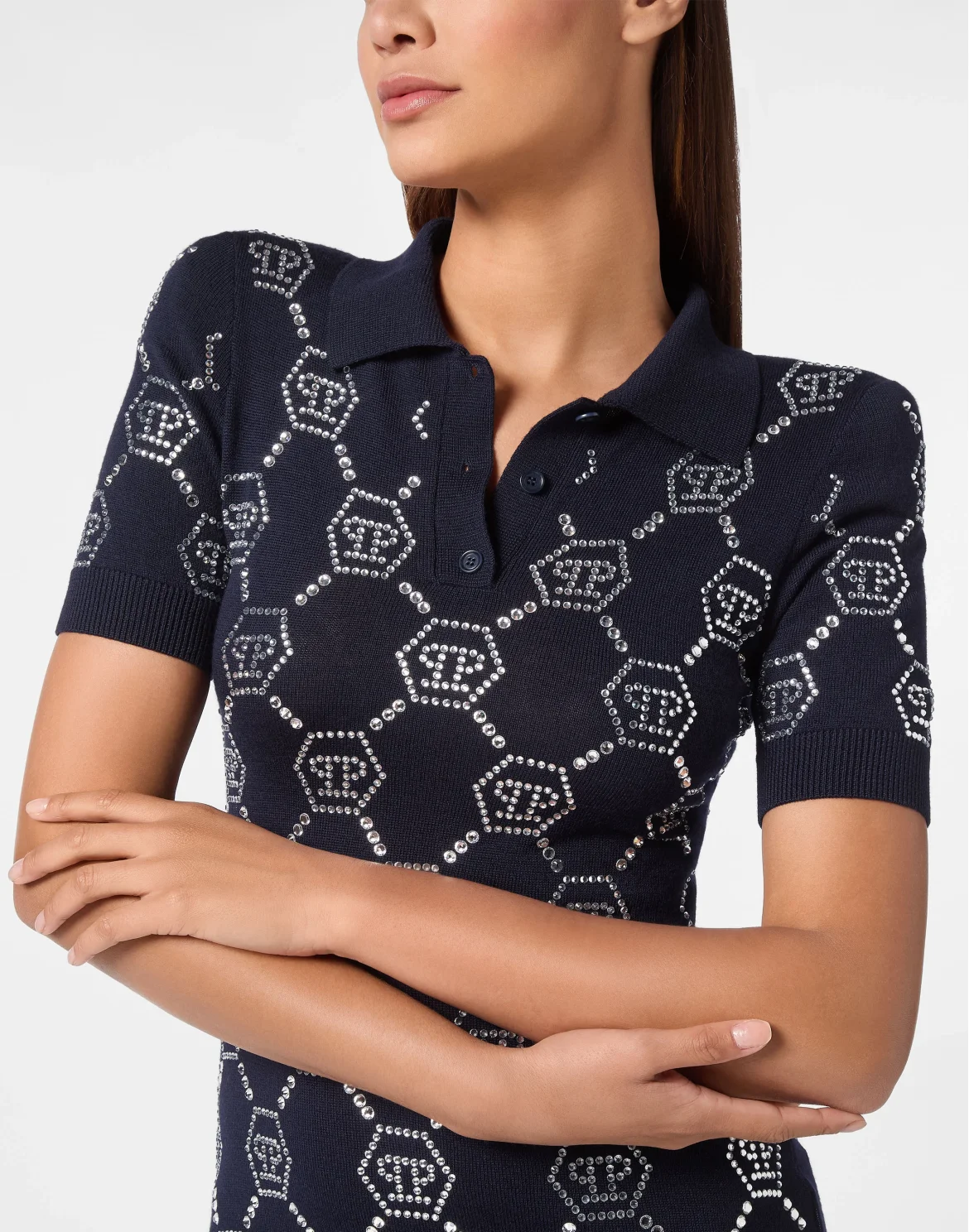 Knitted Strass Polo Dress With Padded Shoulders Monogram, цвет: Синий