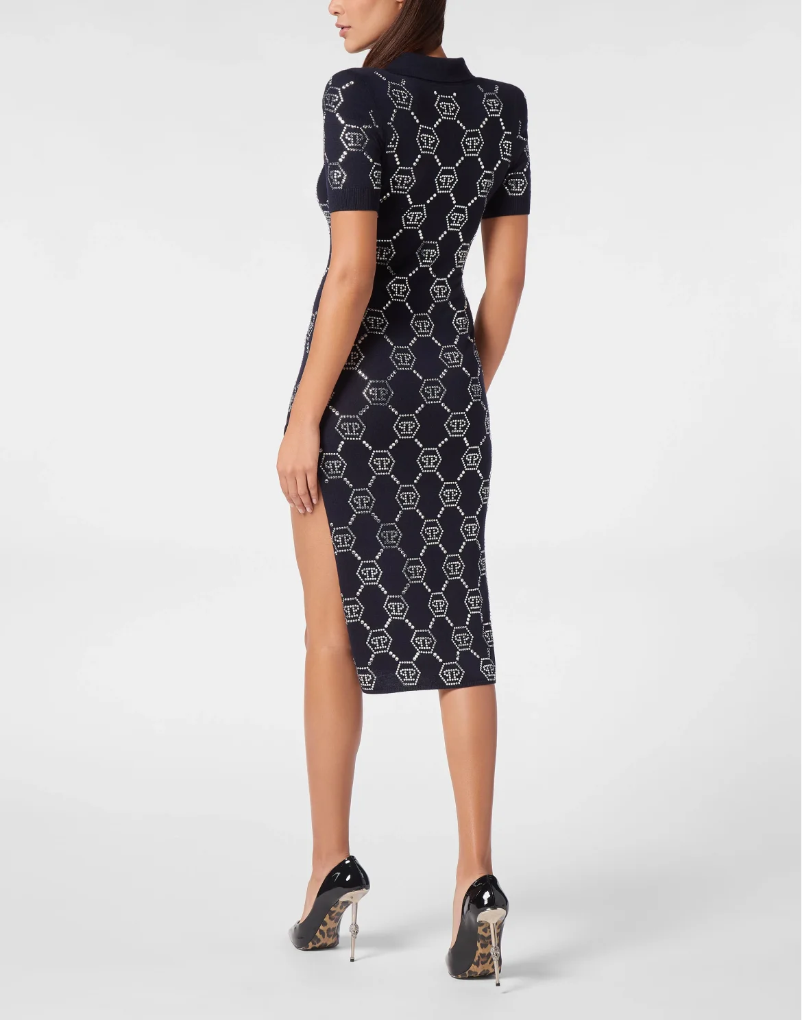 Knitted Strass Polo Dress With Padded Shoulders Monogram, цвет: Синий