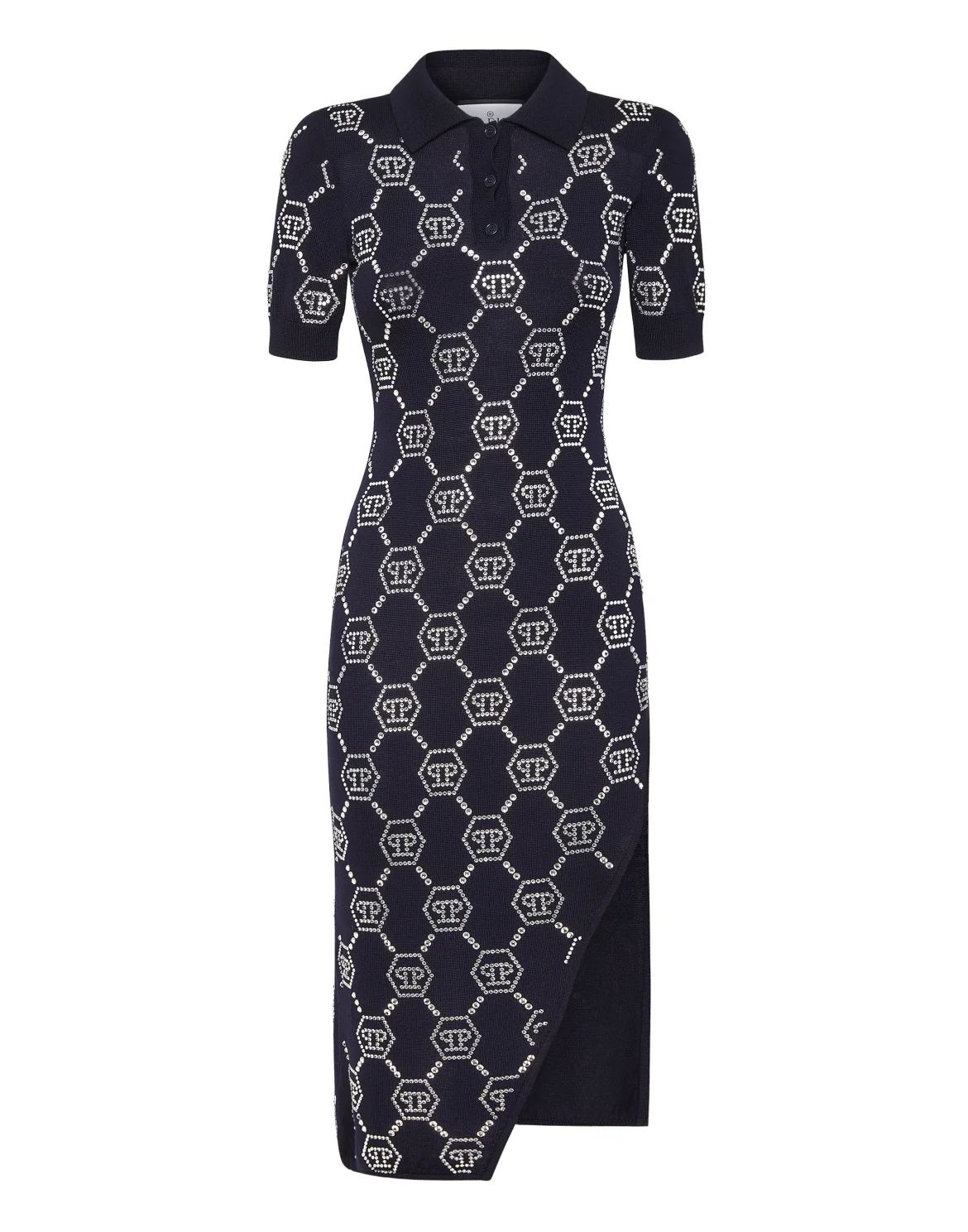 Knitted Strass Polo Dress With Padded Shoulders Monogram, цвет: Синий