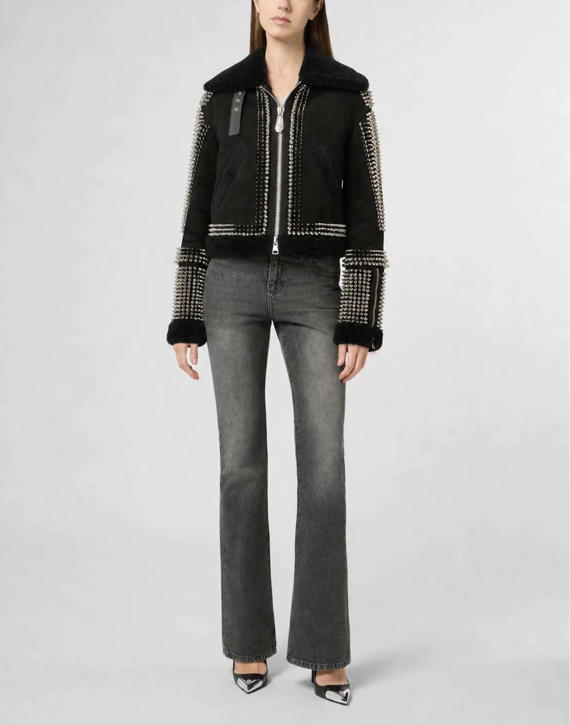 Shearling Leather Cropped Jacket Studs, цвет: Черный