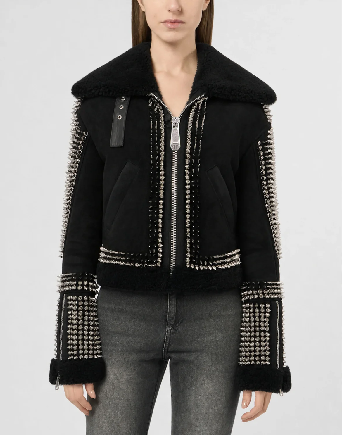 Shearling Leather Cropped Jacket Studs, цвет: Черный