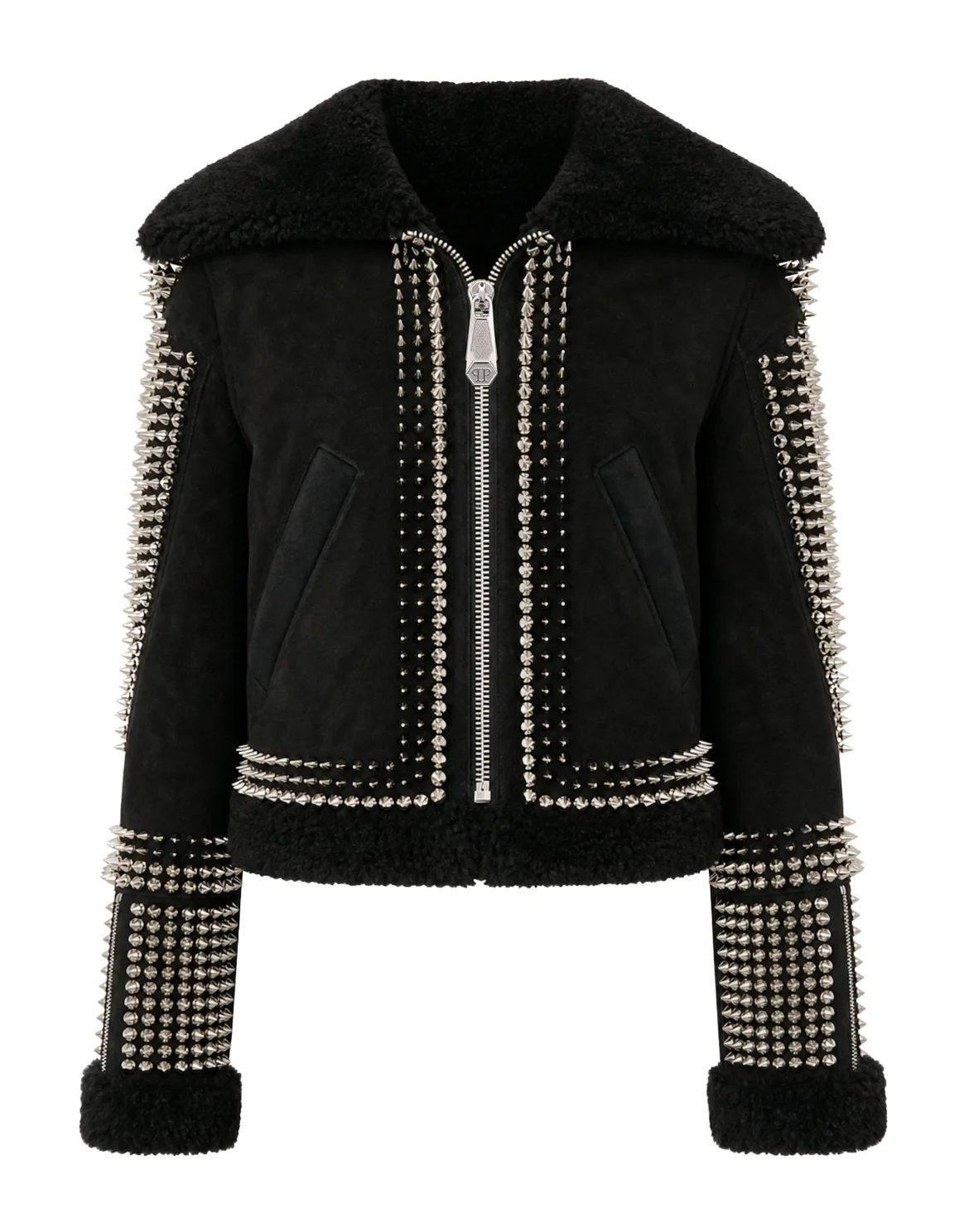 Shearling Leather Cropped Jacket Studs, цвет: Черный