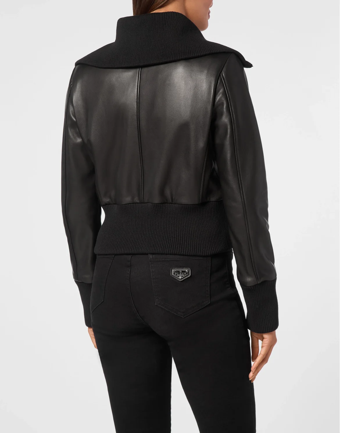 Leather Jacket With Knitted Collar, цвет: Черный
